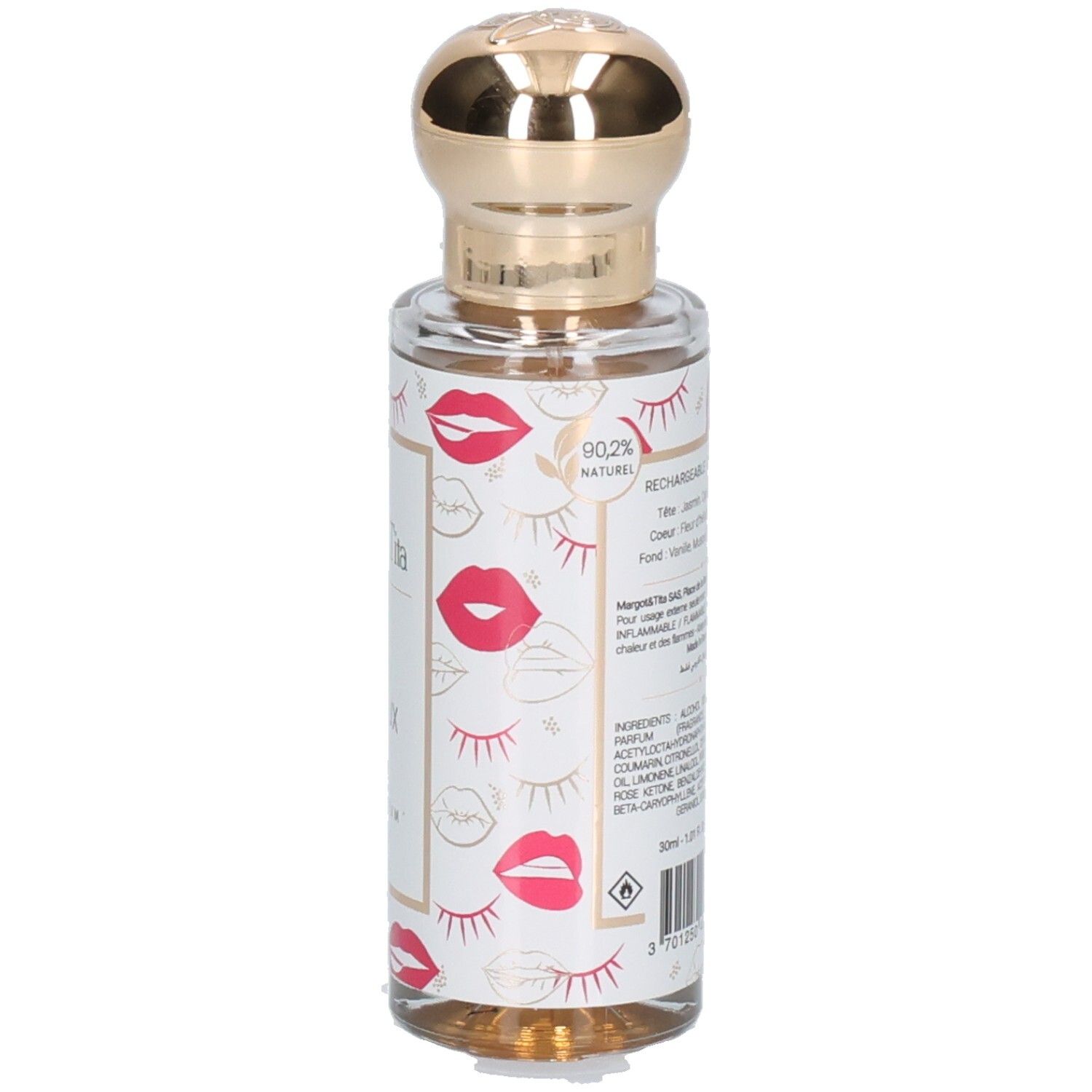 Parfumfles met gouden dop en lippenpatroon. Bevat 90,2% natuurlijke ingrediënten.
