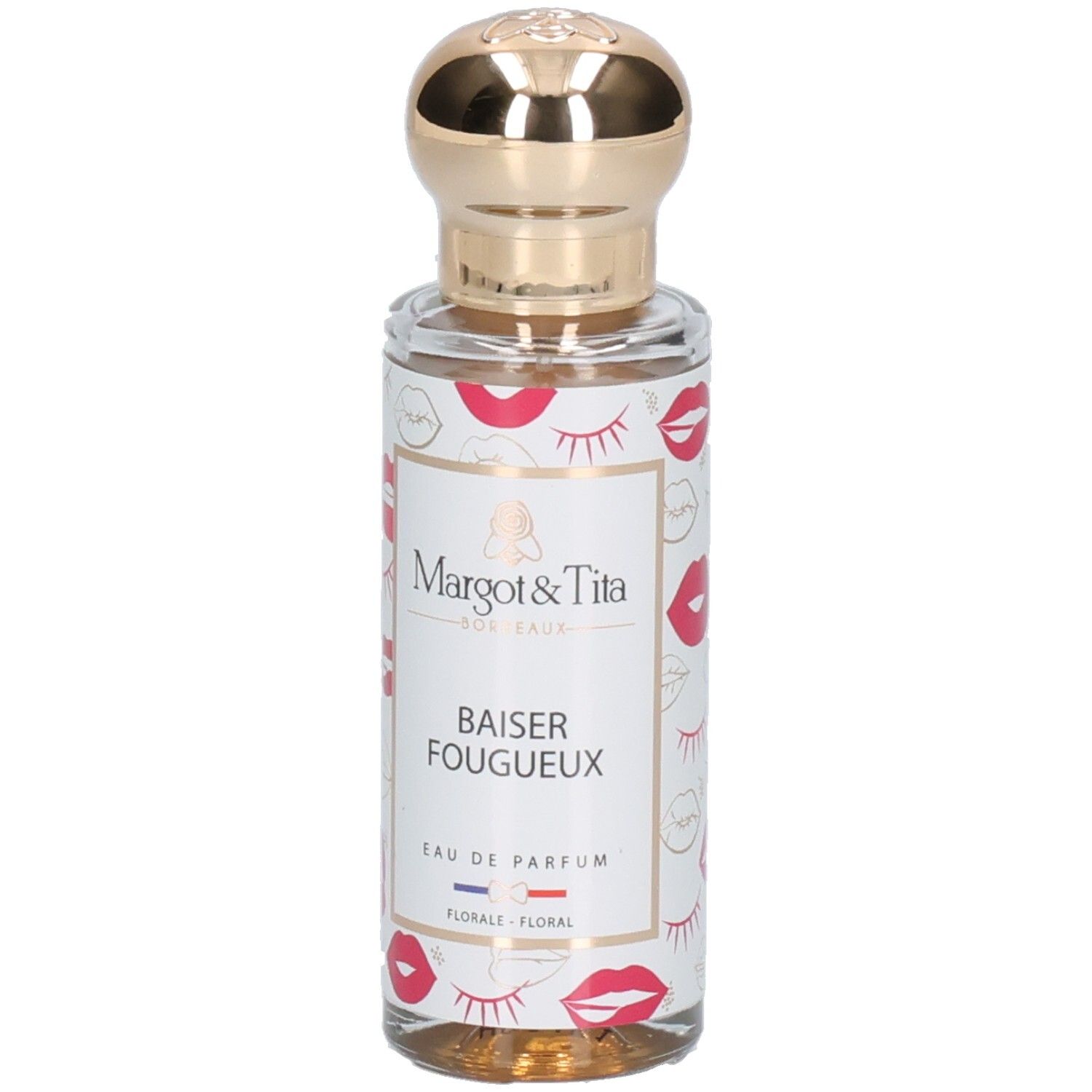 Parfumfles met gouden dop en etiket 'Margot & Tita Baiser Fougneux Eau de Parfum'.