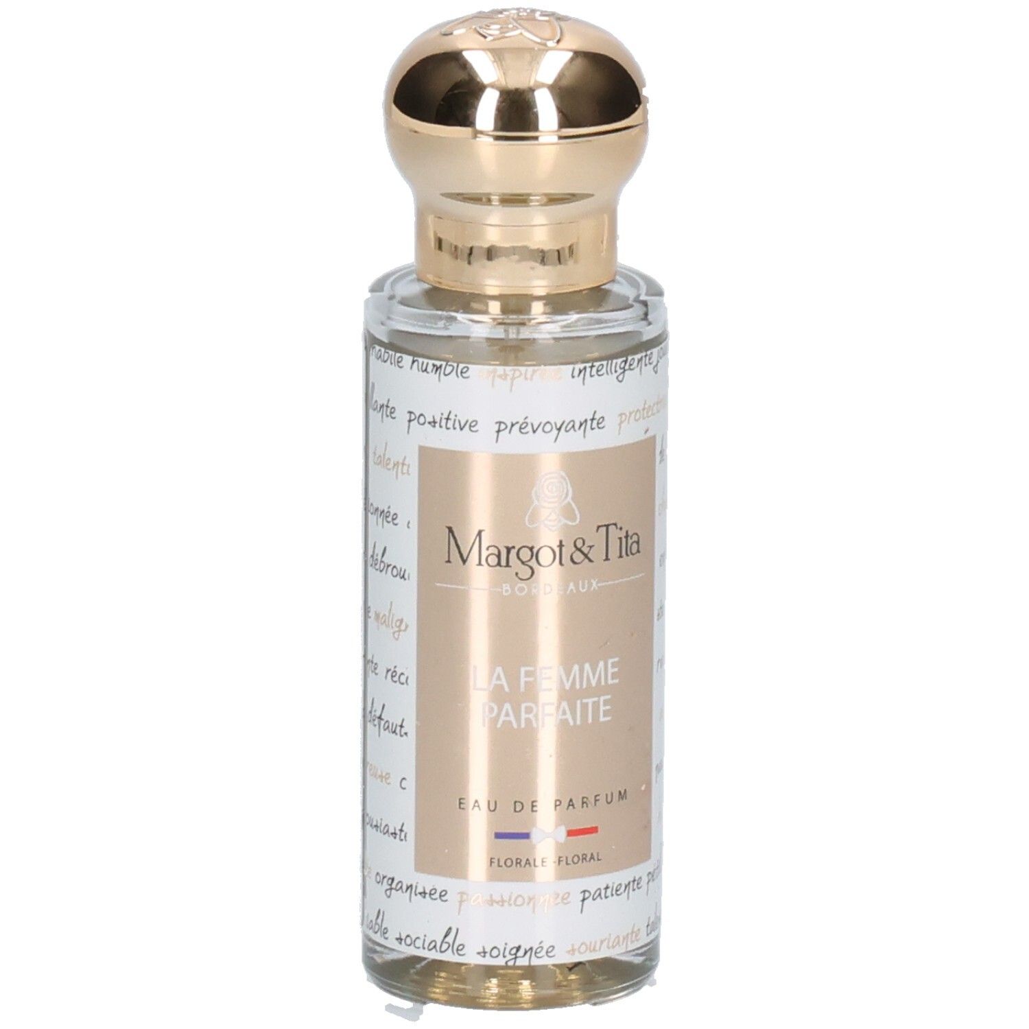 Flacon de parfum avec bouchon doré et étiquette "Margot & Tita LA FEMME PARFAITE".