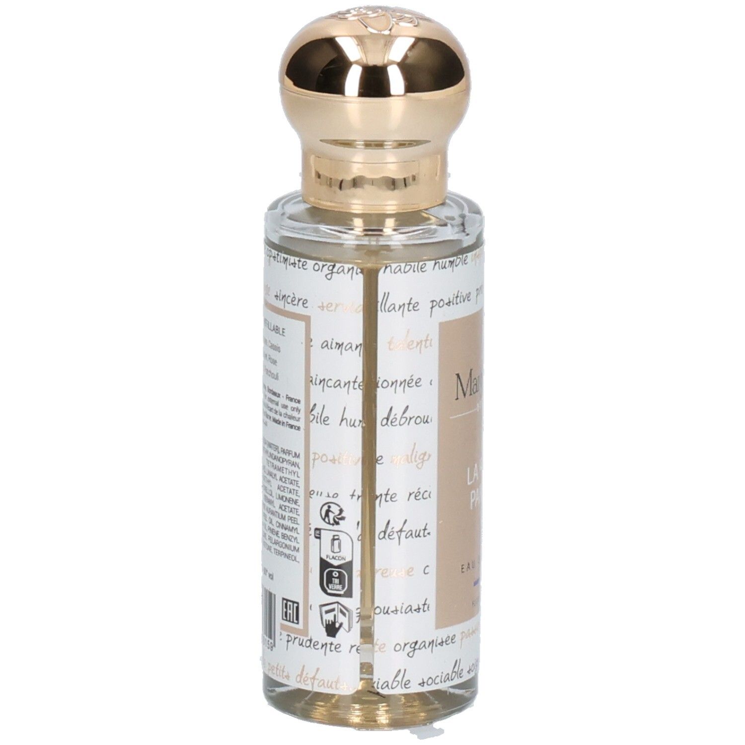 Flacon de parfum avec bouchon doré et étiquette textuelle.