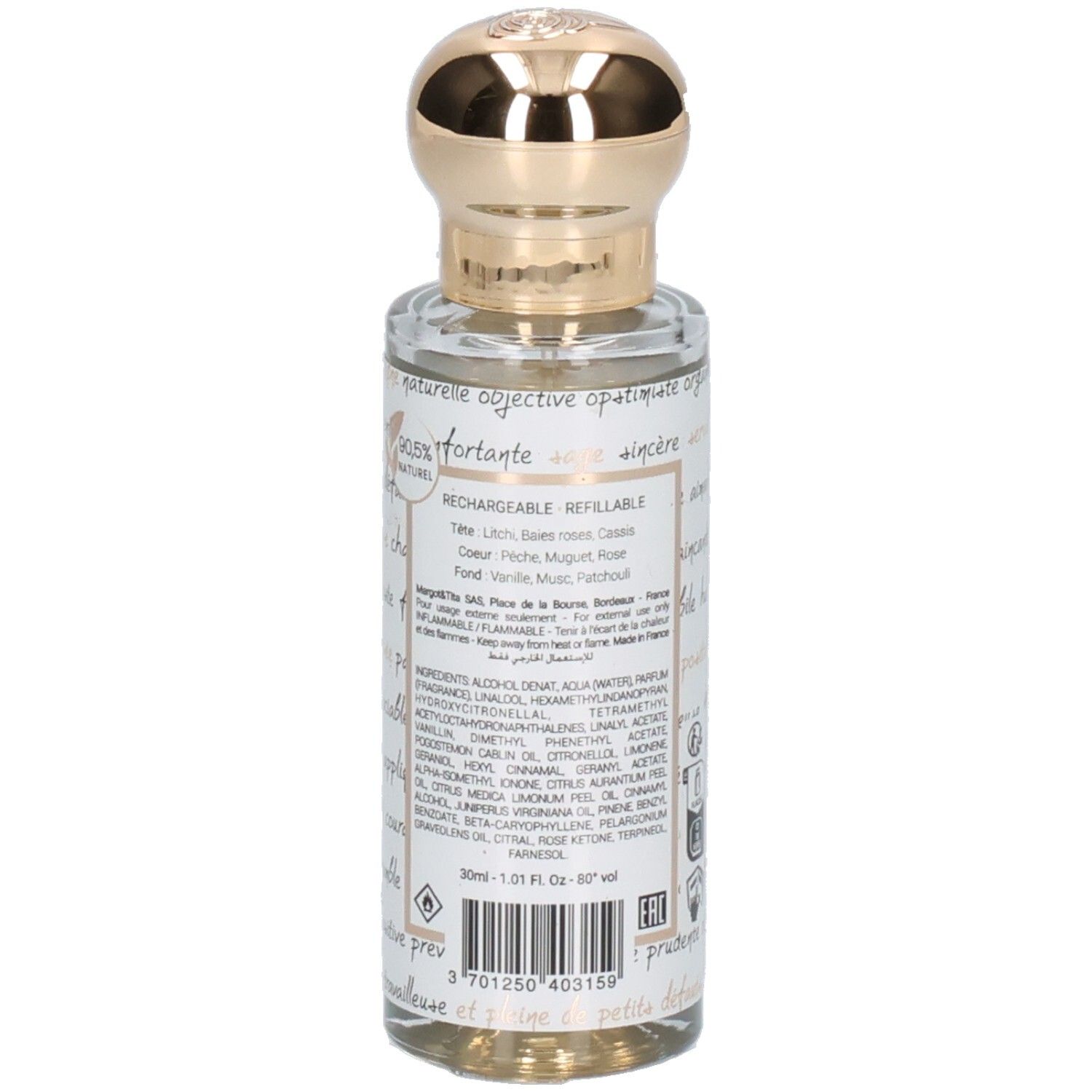 Flacon en verre rechargeable avec bouchon doré. Contient 30ml de liquide.