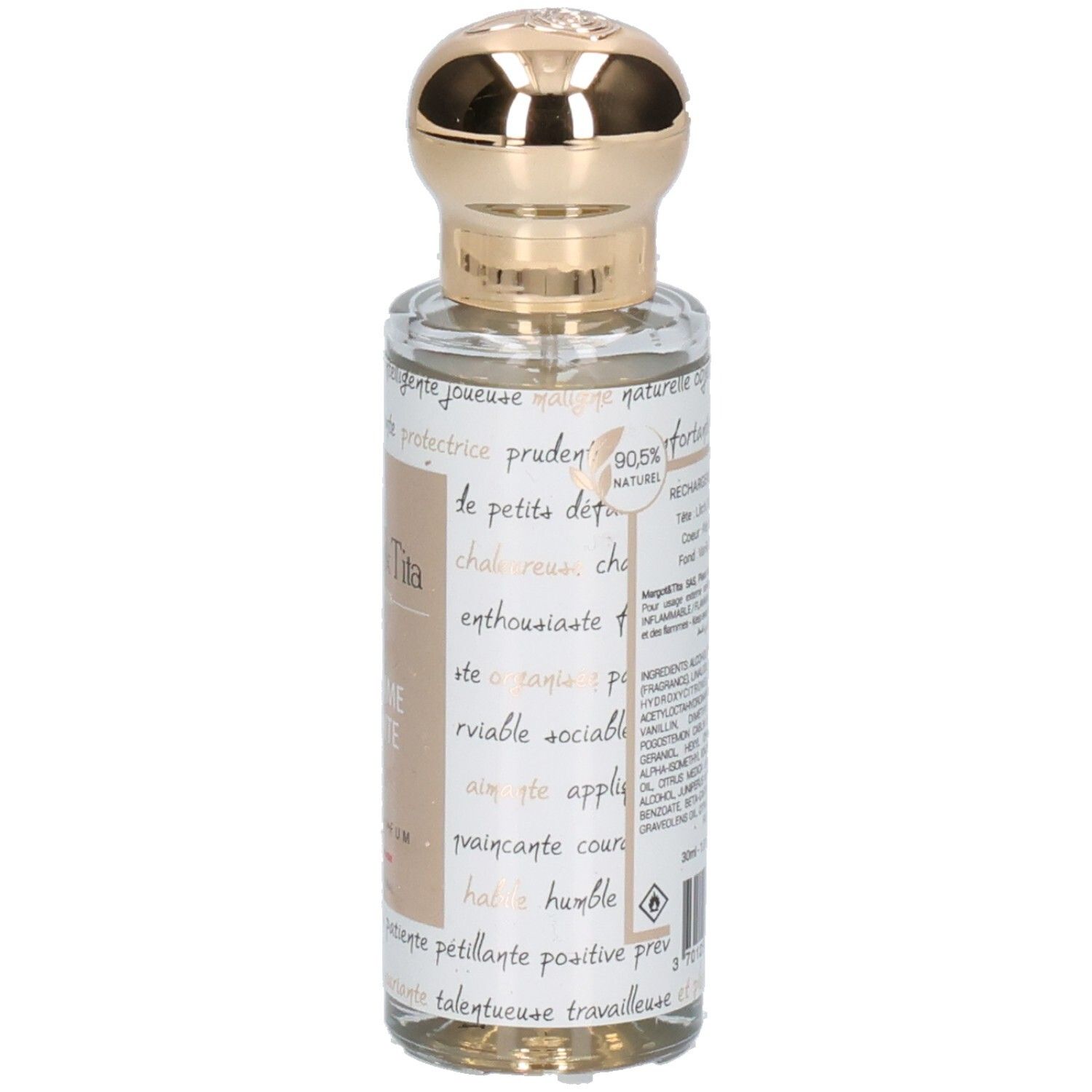 Flacon de parfum avec bouchon doré et étiquette textuelle.