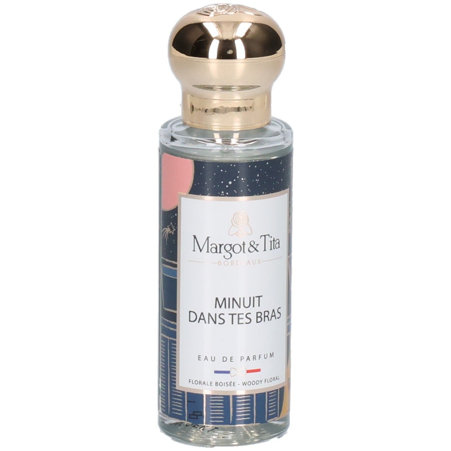 Parfumfles met gouden dop en etiket 'Margot & Tita'.