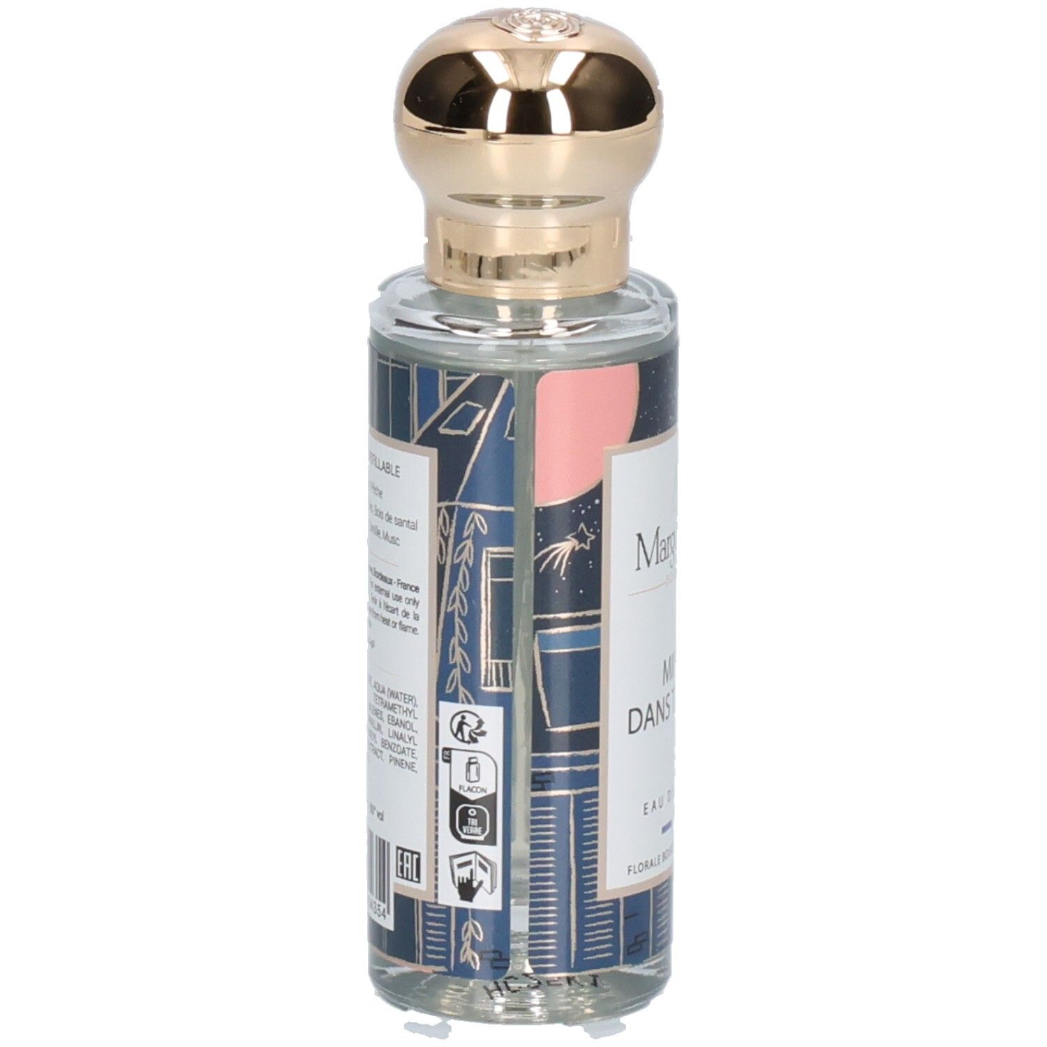 Parfumfles met gouden dop en blauw-wit patroon.