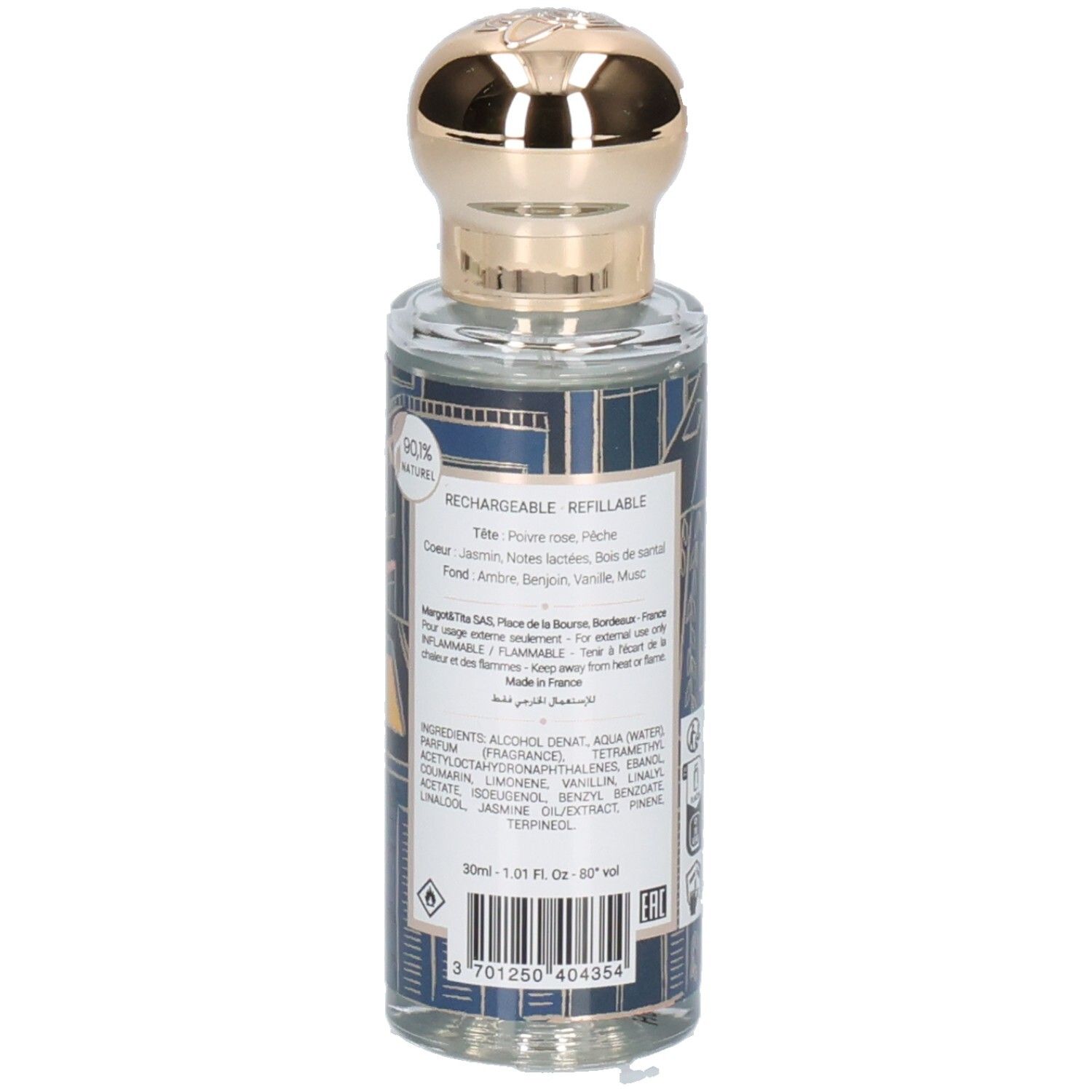 Navulbare glazen fles met gouden dop. Bevat 30ml.