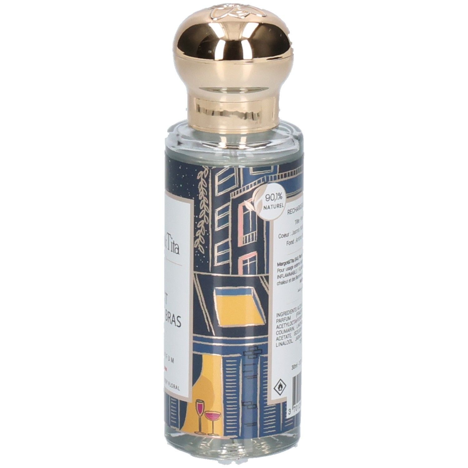 Parfumfles met gouden dop en blauw-wit etiket met gebouwmotief.