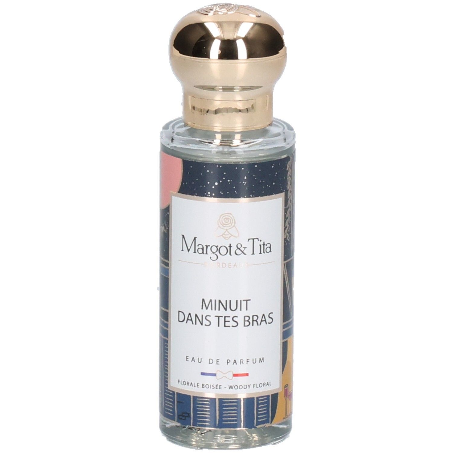 Glazen fles met gouden dop, etiket met Margot & Tita logo, parfumnaam 'MINUIT DANS TES BRAS', Eau de Parfum.