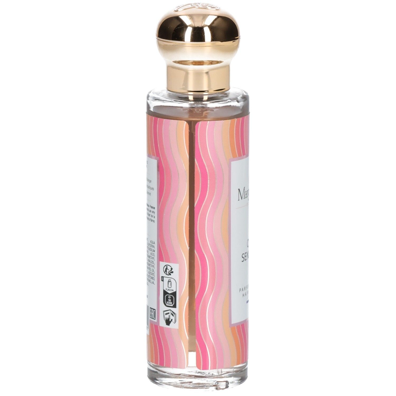 Flacon de parfum avec bouchon doré et motif ondulé rose-orange sur l'étiquette.