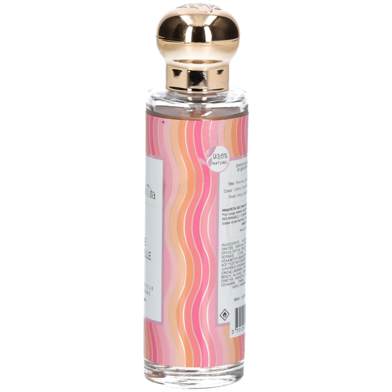 Flacon de parfum avec bouchon doré et motif ondulé rose et orange. Contient 93,6% d'ingrédients naturels.