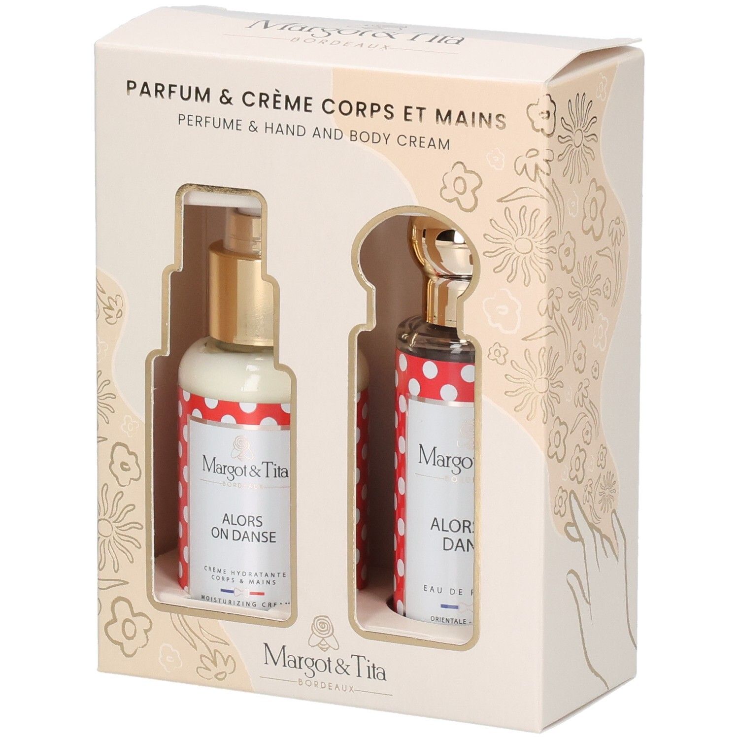 Coffret cadeau Margot & Tita avec parfum et crème corps et mains, flacons à pois rouges et blancs.