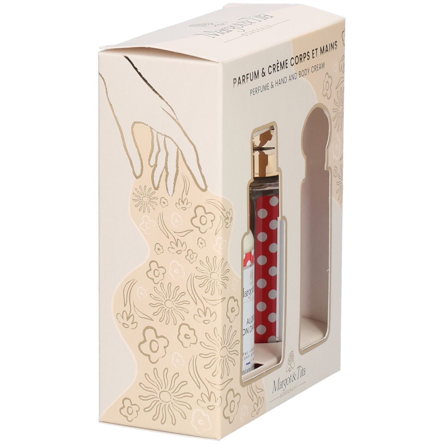 Coffret cadeau Margot & Tita avec parfum et crème corps et mains, vue de côté.