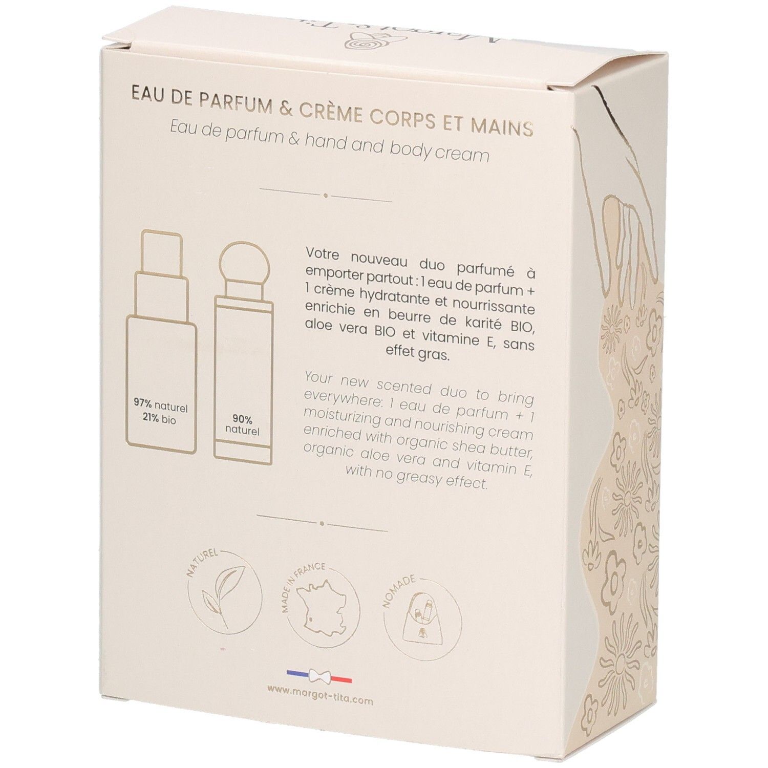 Arrière de la boîte cadeau Margot & Tita avec informations produit et sceaux.