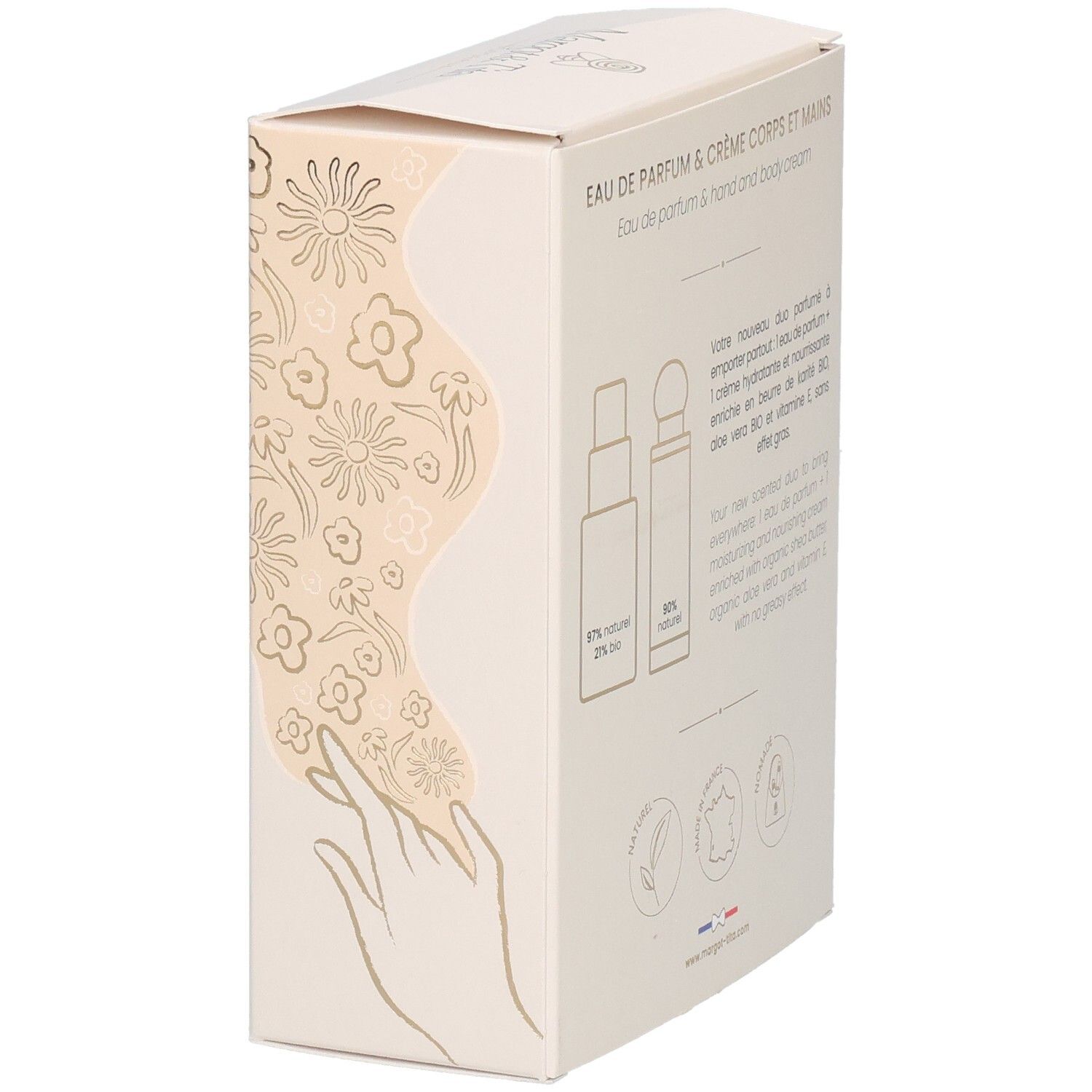 Côté de la boîte cadeau Margot & Tita avec motif floral et illustrations produit.