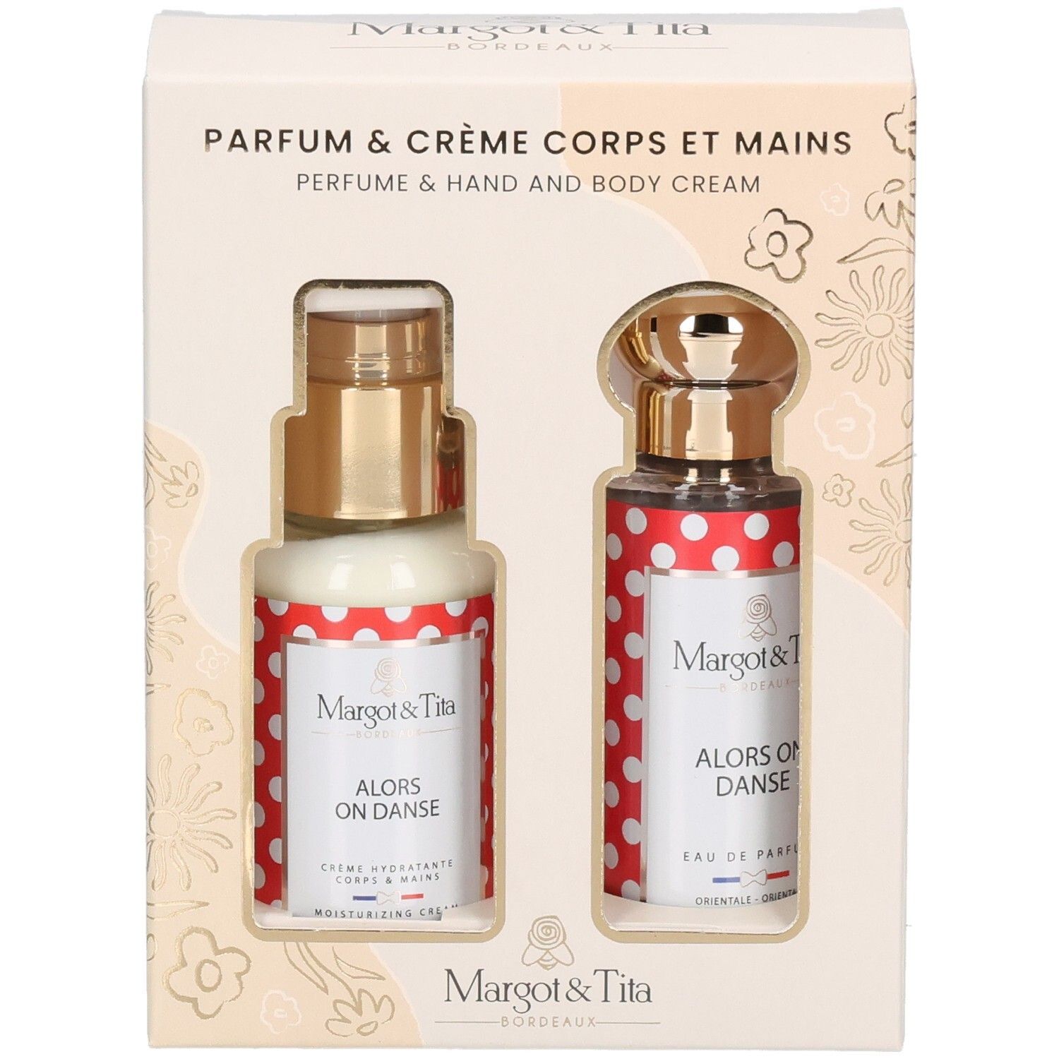 Coffret cadeau Margot & Tita avec parfum et crème corps et mains, flacons à pois rouges et blancs.