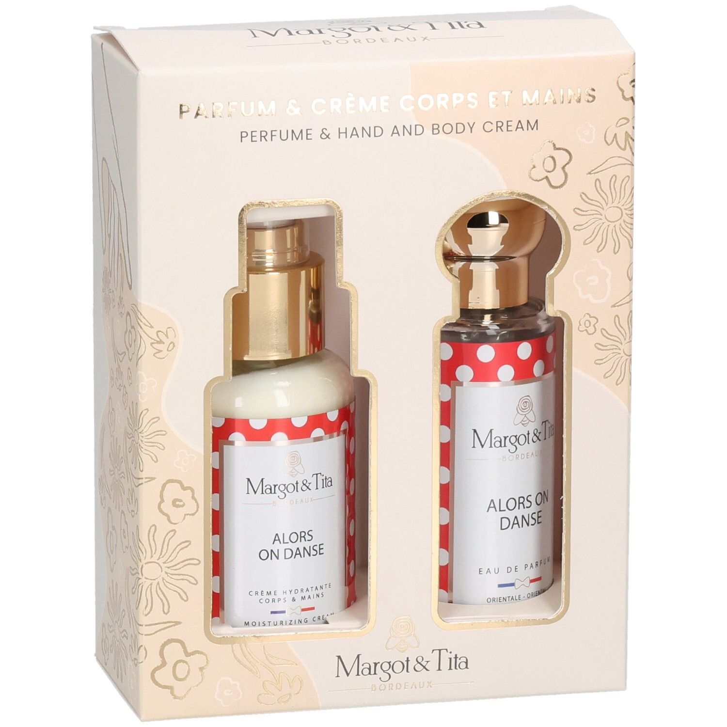 Coffret cadeau Margot & Tita avec parfum et crème corps et mains, flacons à pois rouges et blancs.