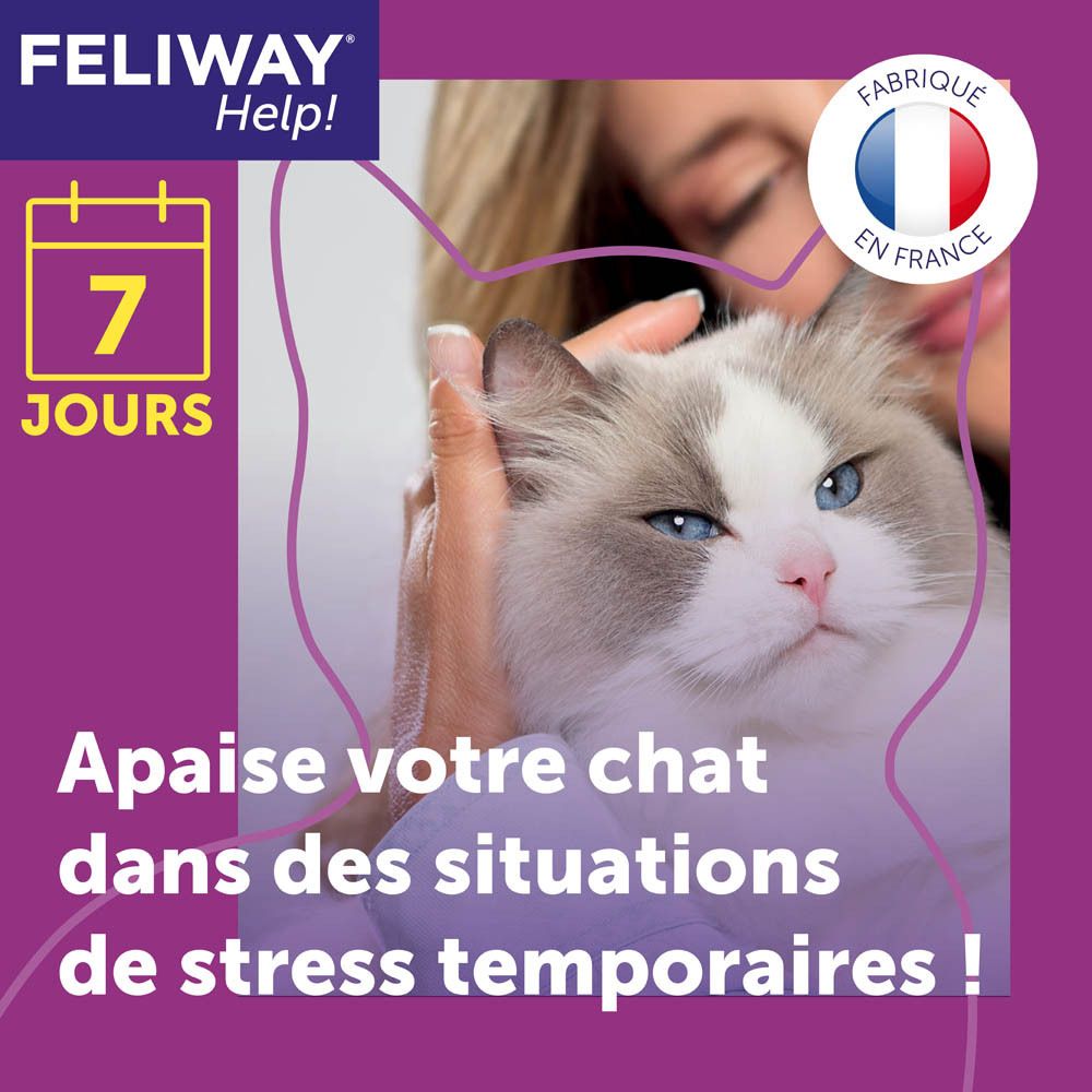 Chat aux yeux bleus, une main le caresse. Texte : "Apaise votre chat dans des situations de stress temporaires !".