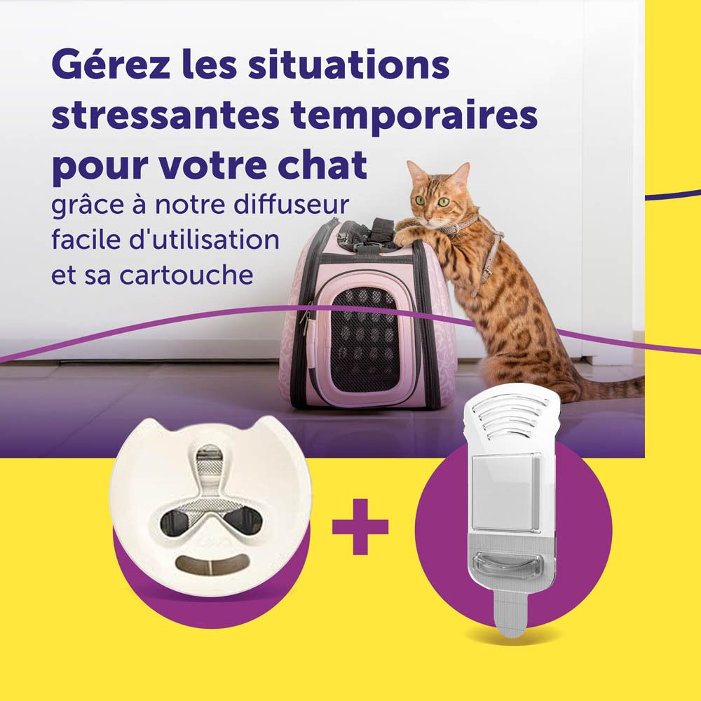 Chat à côté d'un panier de transport rose, diffuseur et cartouche. Texte : "Gérez les situations stressantes temporaires pour votre chat".