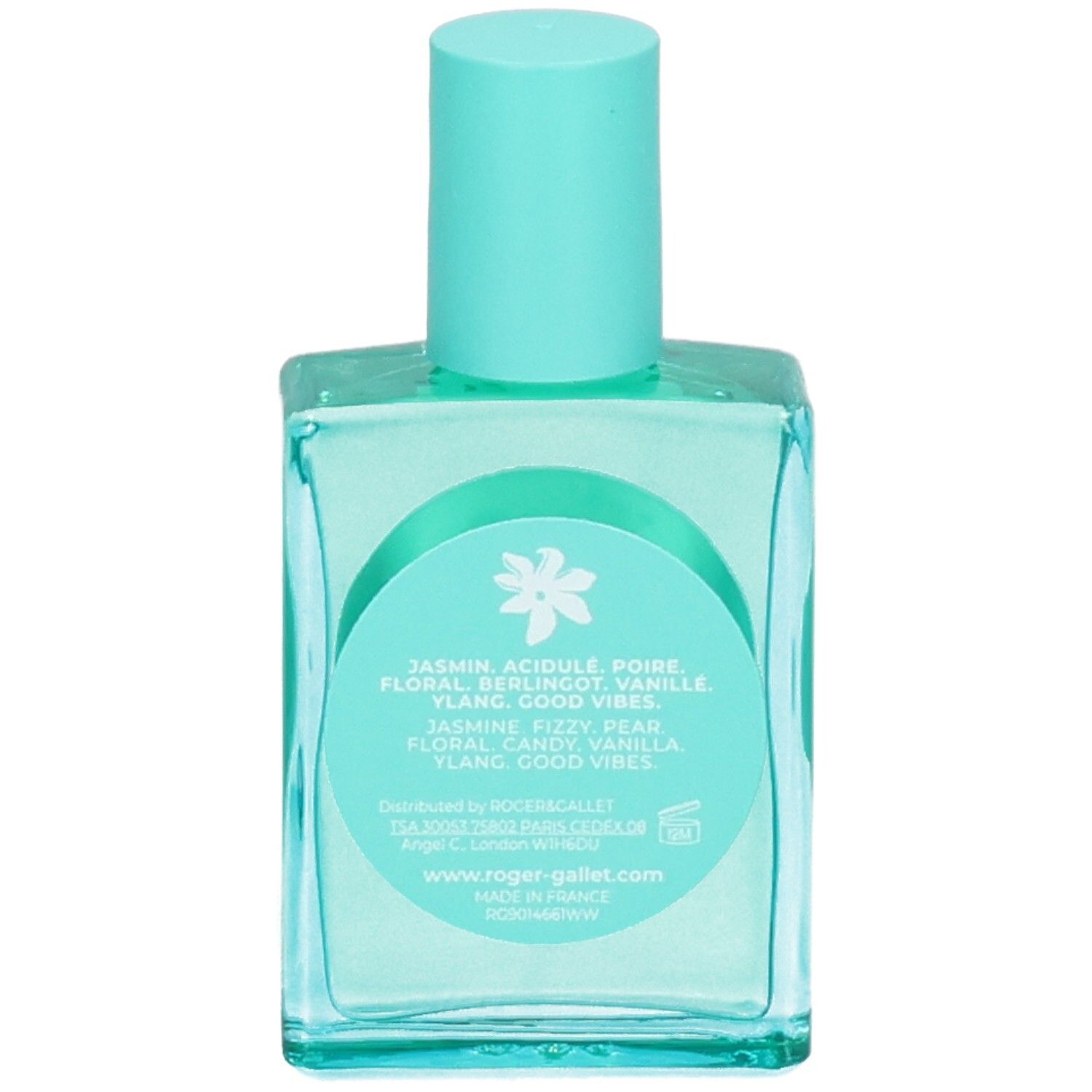 Rückseite des Jasmin Lollipop Eau de Parfum Roll-on. Text auf türkisfarbenem Hintergrund. Weiße Blume.