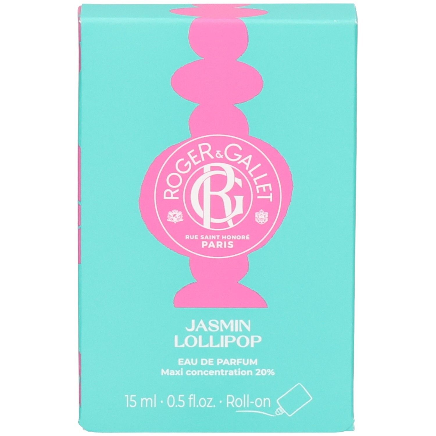 Verpackung für Jasmin Lollipop Eau de Parfum Roll-on. Türkis mit rosa Logo und Text. 15 ml.