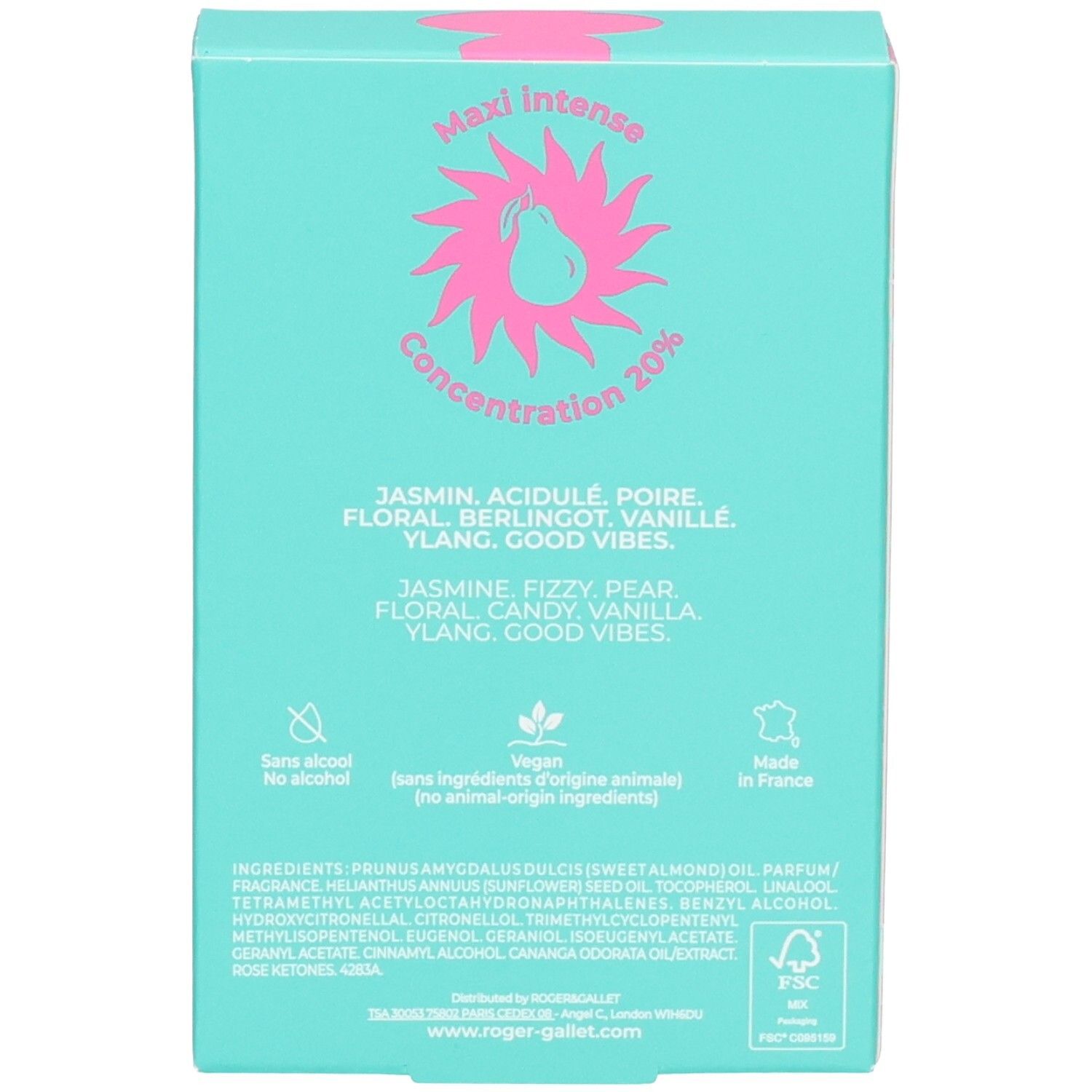 Rückseite der Verpackung für Jasmin Lollipop Eau de Parfum. Türkis mit rosa Text und Logos.