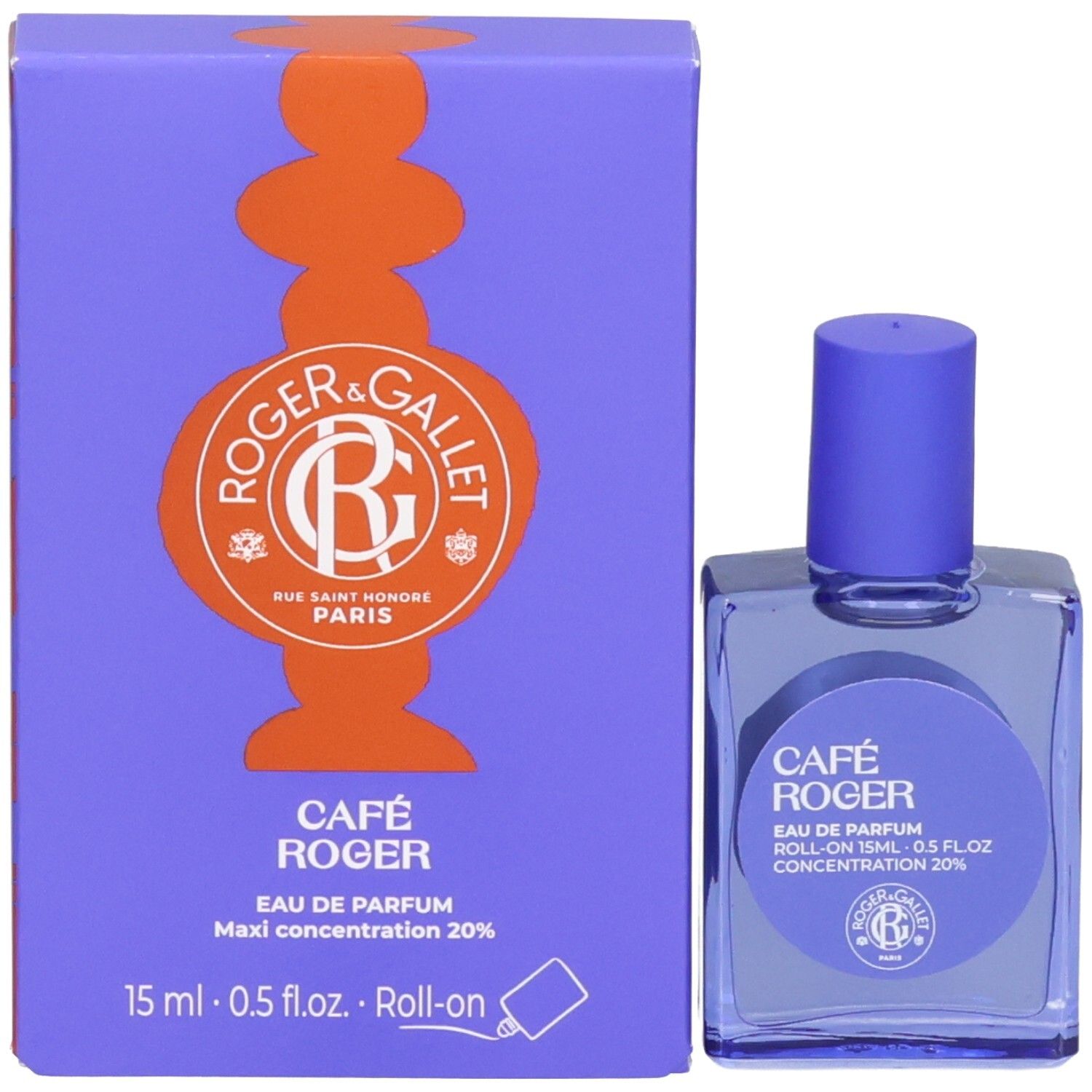 Produktverpackung und Roll-on-Parfüm. Aufschrift: Roger&Gallet, Café Roger, Eau de Parfum, Maxi Konzentration 20%.