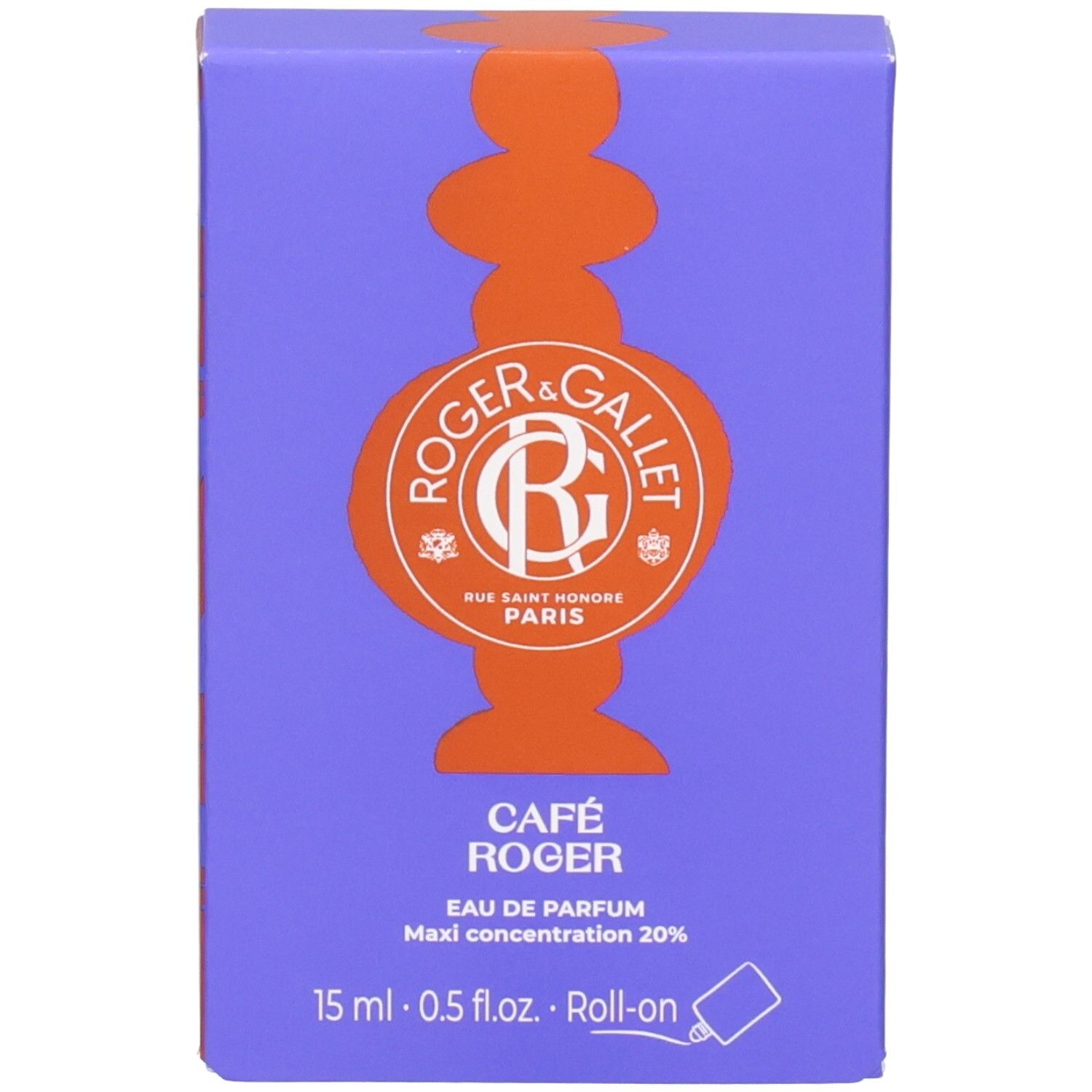 Produktverpackung. Aufschrift: Roger&Gallet, Café Roger, Eau de Parfum, Maxi Konzentration 20%, 15 ml.