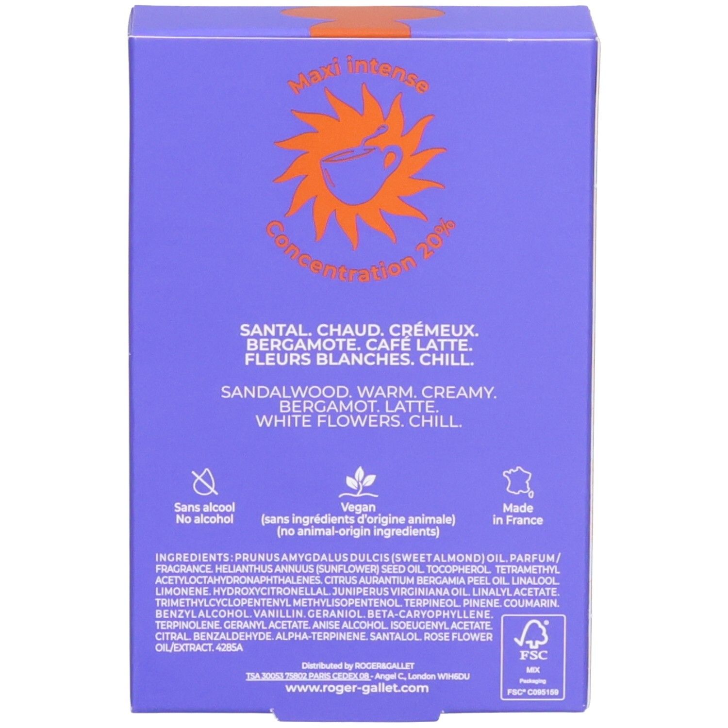 Rückseite der Produktverpackung. Text: Santal, Chaud, Crémeux, Bergamote, Café Latte, Fleurs Blanches, Chill.