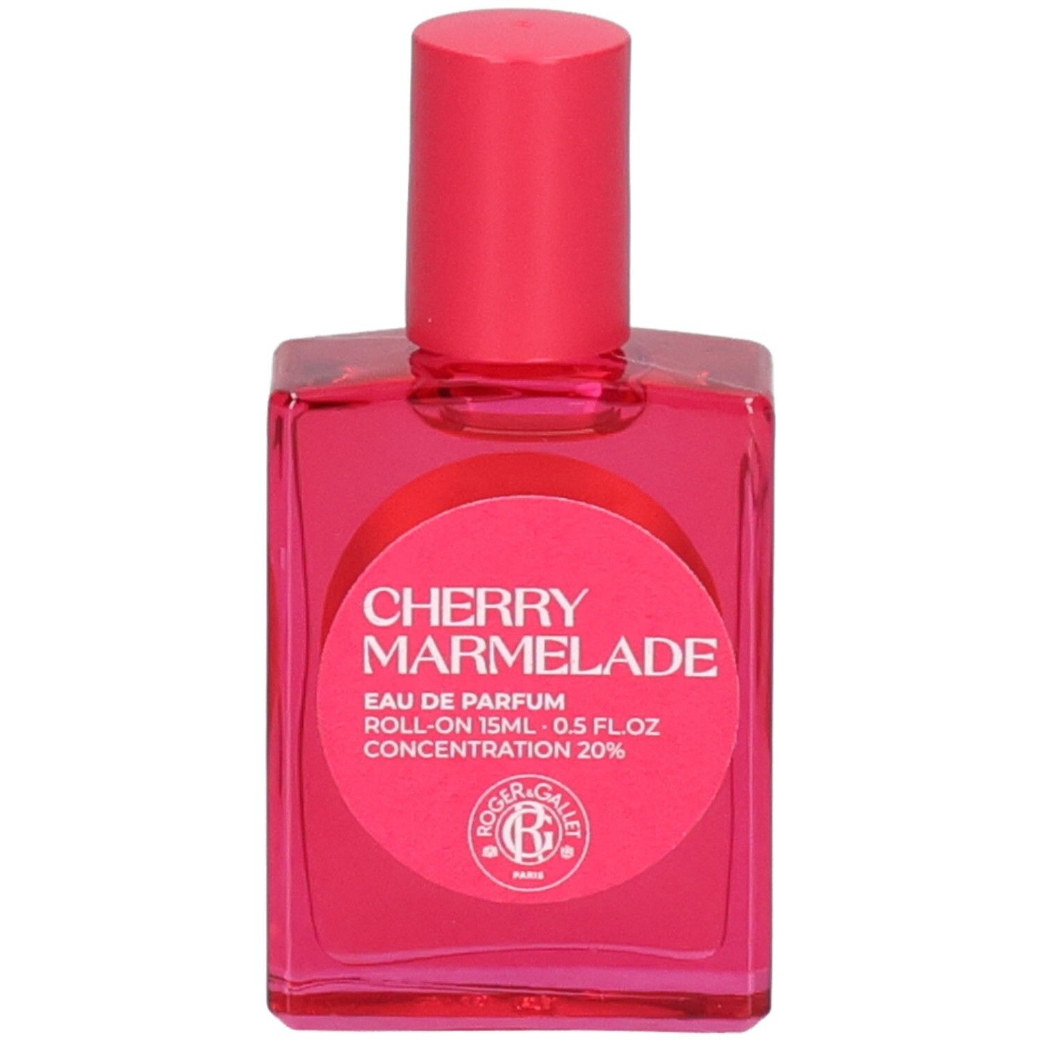 Roter Roll-on-Flakon. Aufschrift: Cherry Marmelade, Eau de Parfum, Roll-on. Marke Roger&Gallet.