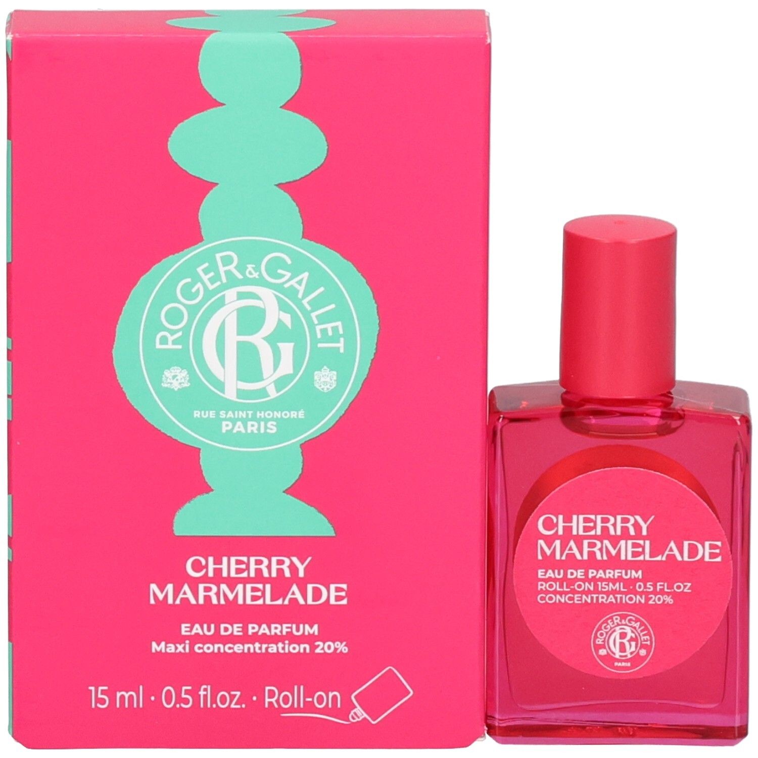 Rosa Schachtel und Roll-on-Flakon. Aufschrift: Cherry Marmelade, Eau de Parfum, Roll-on. Marke Roger&Gallet.