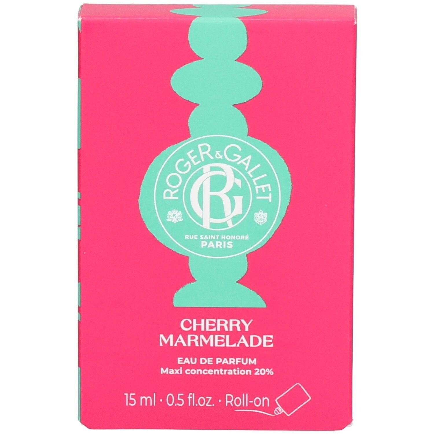Rosa Schachtel. Aufschrift: Cherry Marmelade, Eau de Parfum, Roll-on. Marke Roger&Gallet.