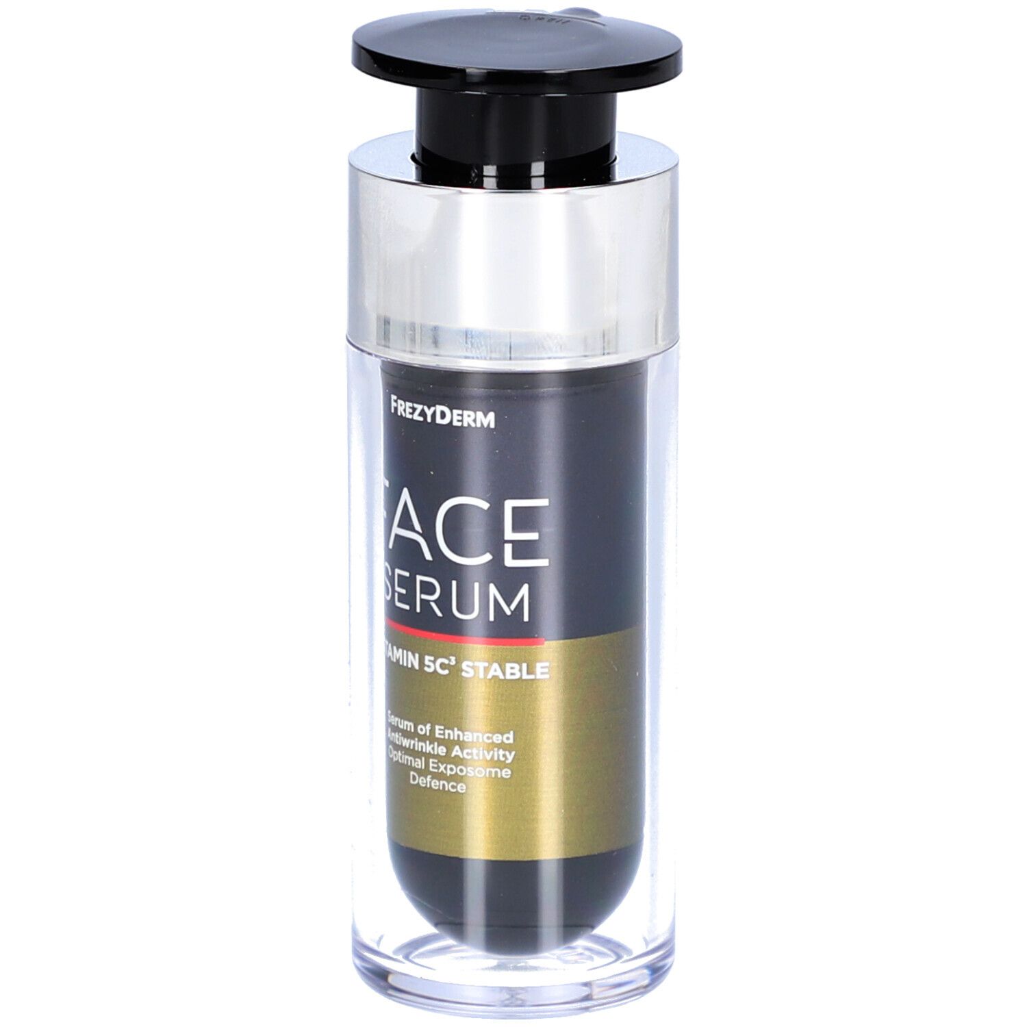 Frezyderm Face Serum Vitamin 5C Stable. Schwarze Flasche mit Pumpe. Produktname und Inhaltsstoffe aufgedruckt.