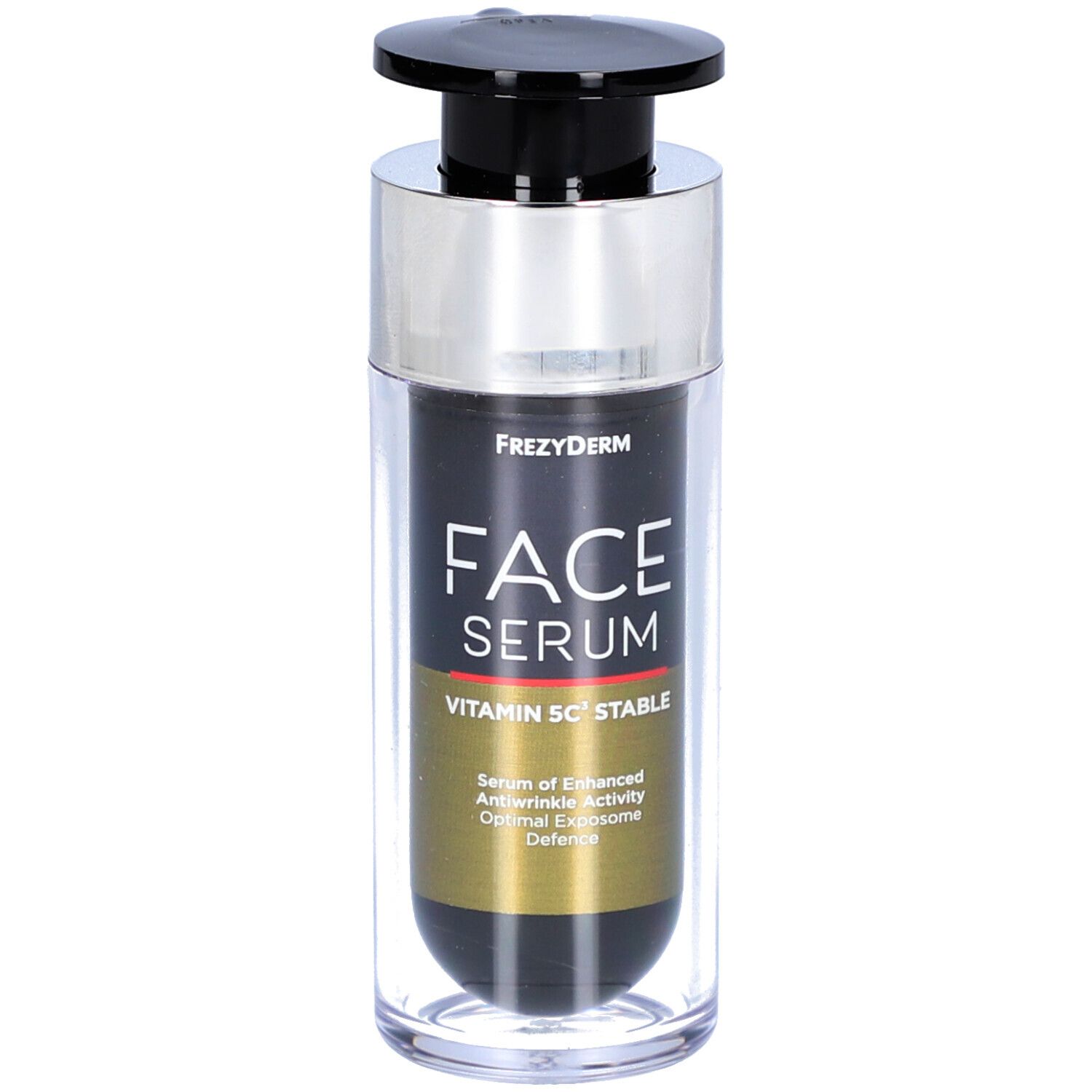 Frezyderm Face Serum Vitamin 5C Stable. Schwarze Flasche mit Pumpe. Produktname und Inhaltsstoffe aufgedruckt.