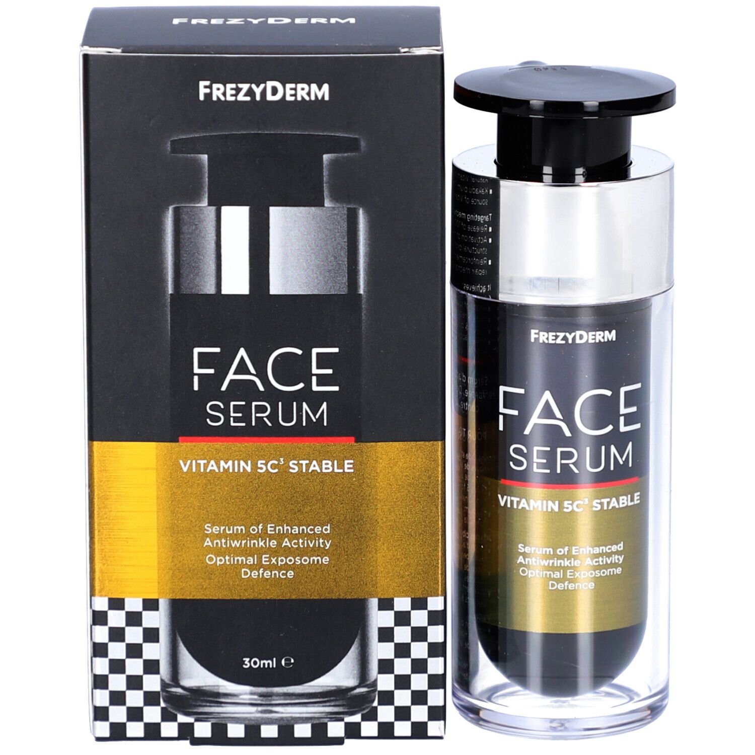 Frezyderm Face Serum Vitamin 5C Stable und Verpackung. Schwarze Schachtel mit Produktname und Inhaltsstoffen.