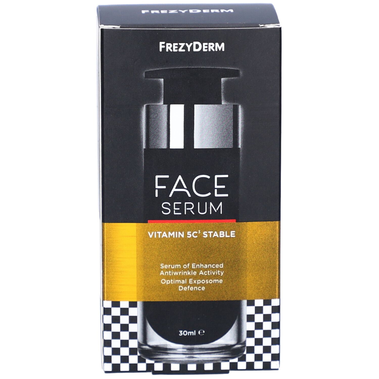 Frezyderm Face Serum Vitamin 5C Stable. Verpackung. Schwarze Schachtel mit Produktname und Inhaltsstoffen.
