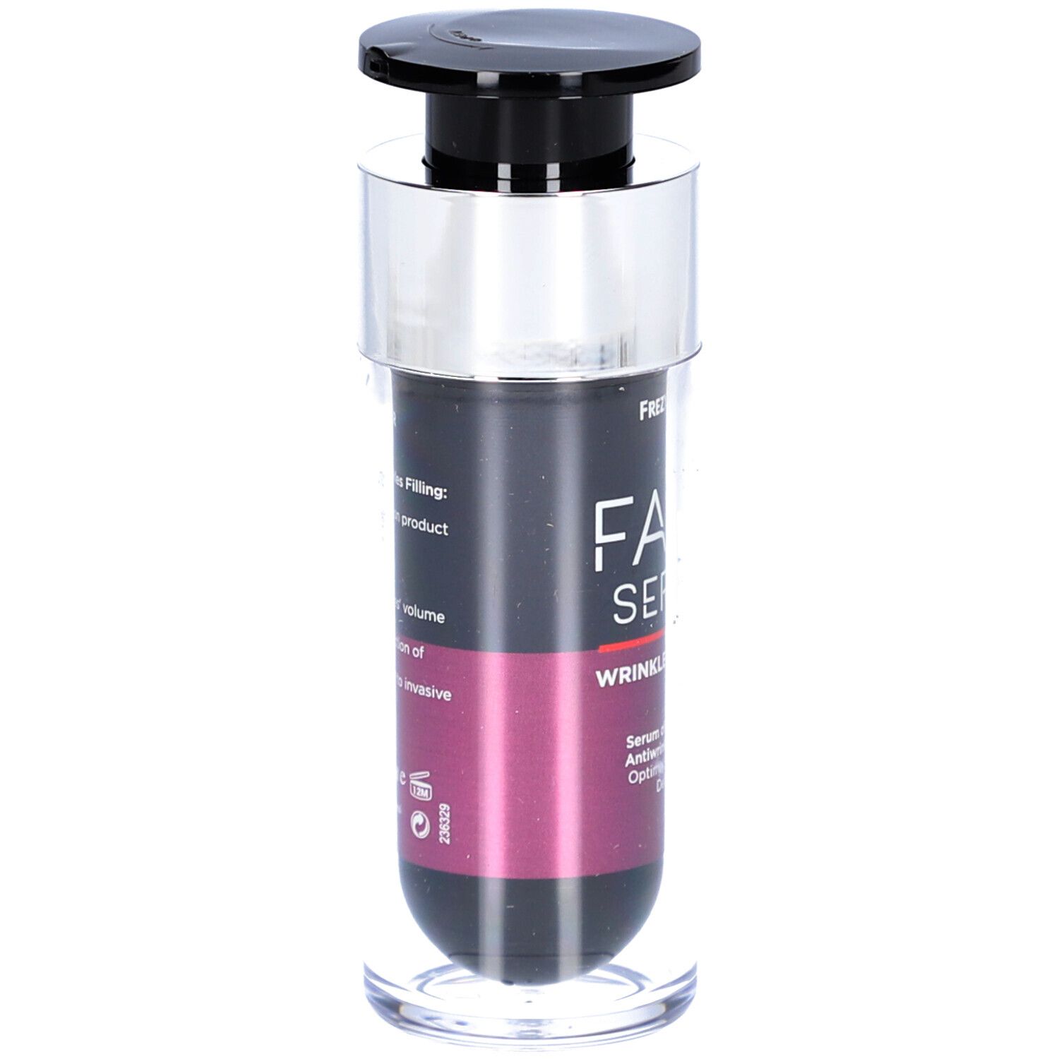 Serumflasche mit schwarzem Pumpkopf. Aufschrift: FACE SERUM WRINKLE PLUMPER. Farbverlauf von Schwarz zu Pink. Transparente Basis.