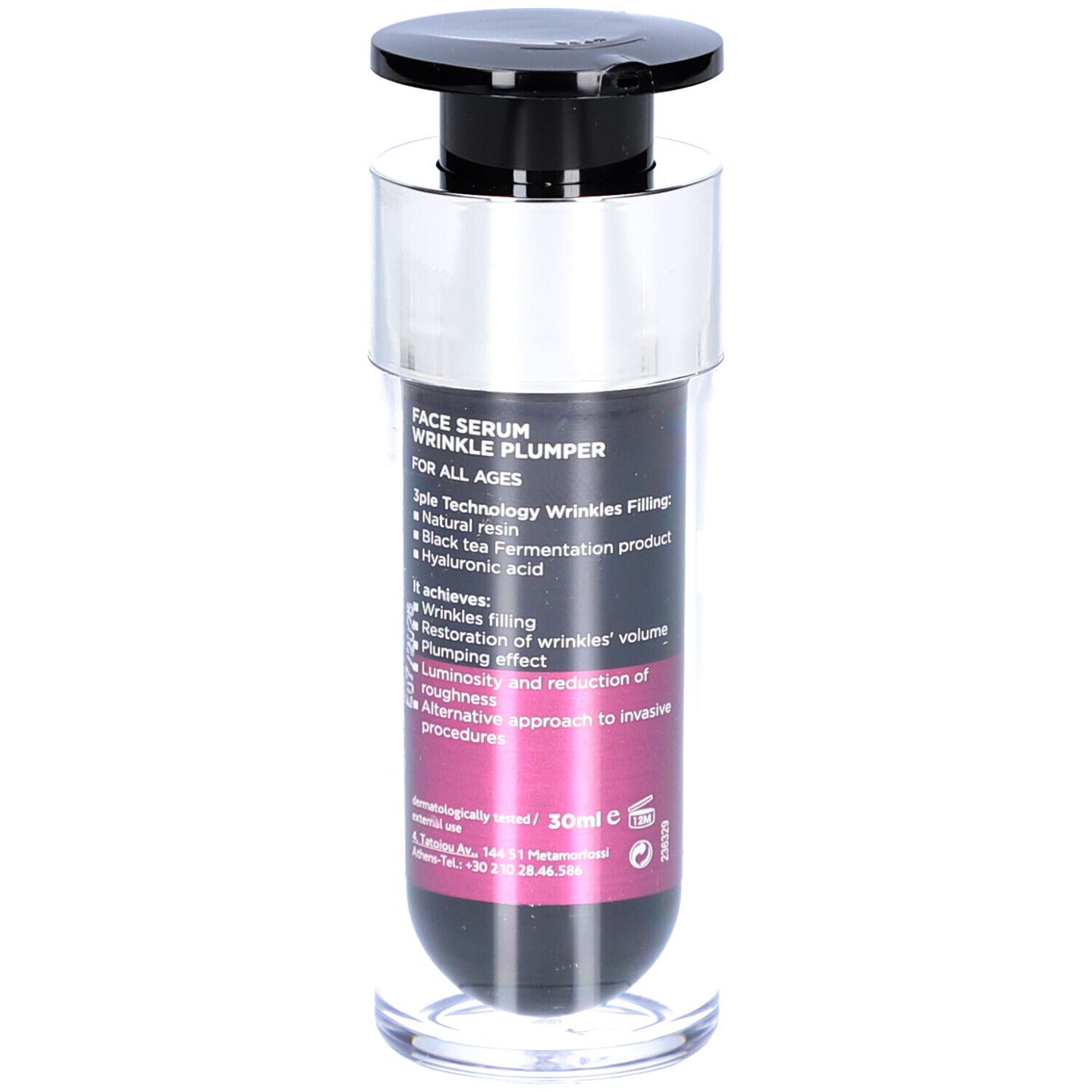 Serumflasche mit schwarzem Pumpkopf. Aufschrift: FACE SERUM WRINKLE PLUMPER. Text auf der Rückseite. Transparente Basis. 30ml.
