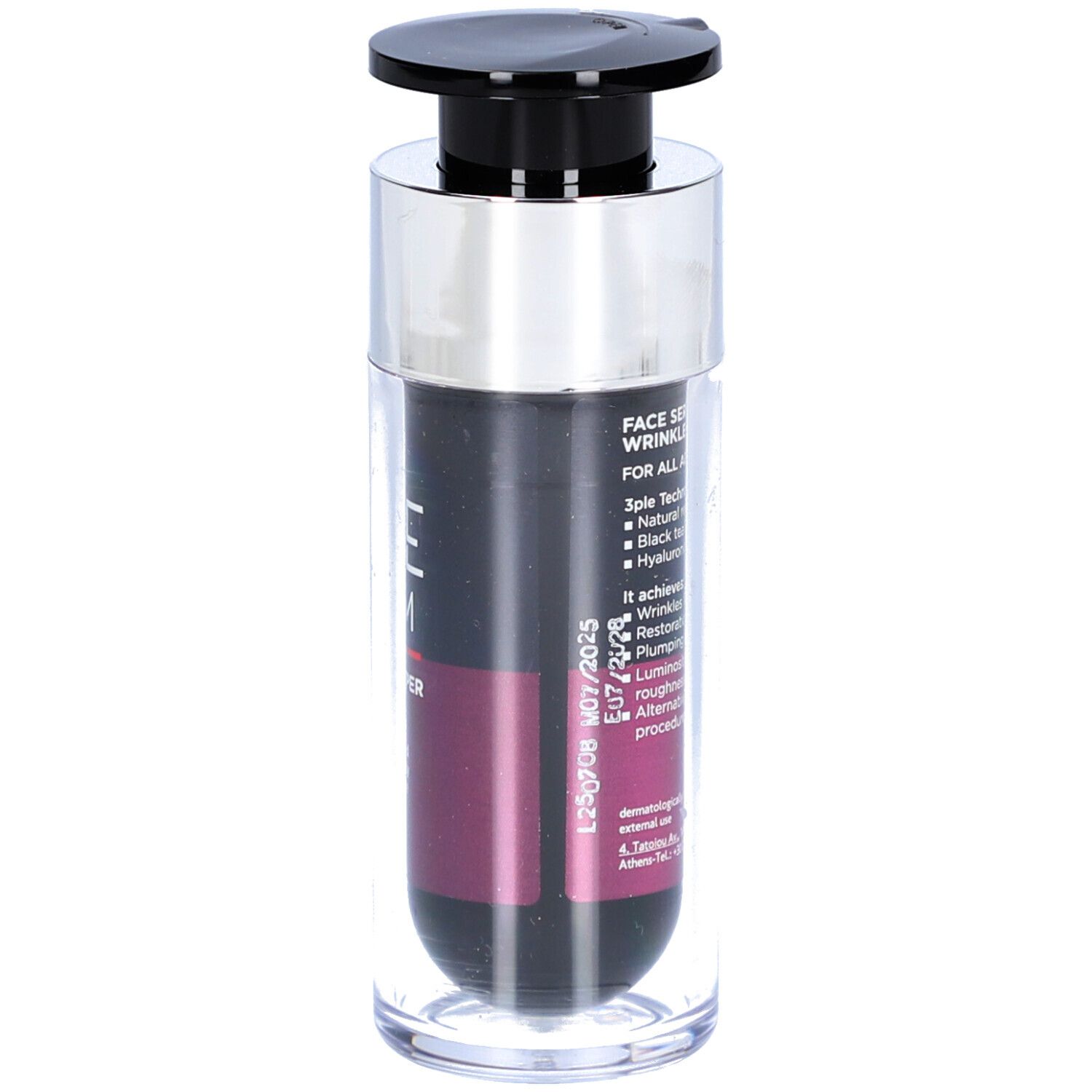 Serumflasche mit schwarzem Pumpkopf. Aufschrift: FACE SERUM WRINKLE PLUMPER. Text auf der Rückseite. Transparente Basis. Haltbarkeitsdatum.