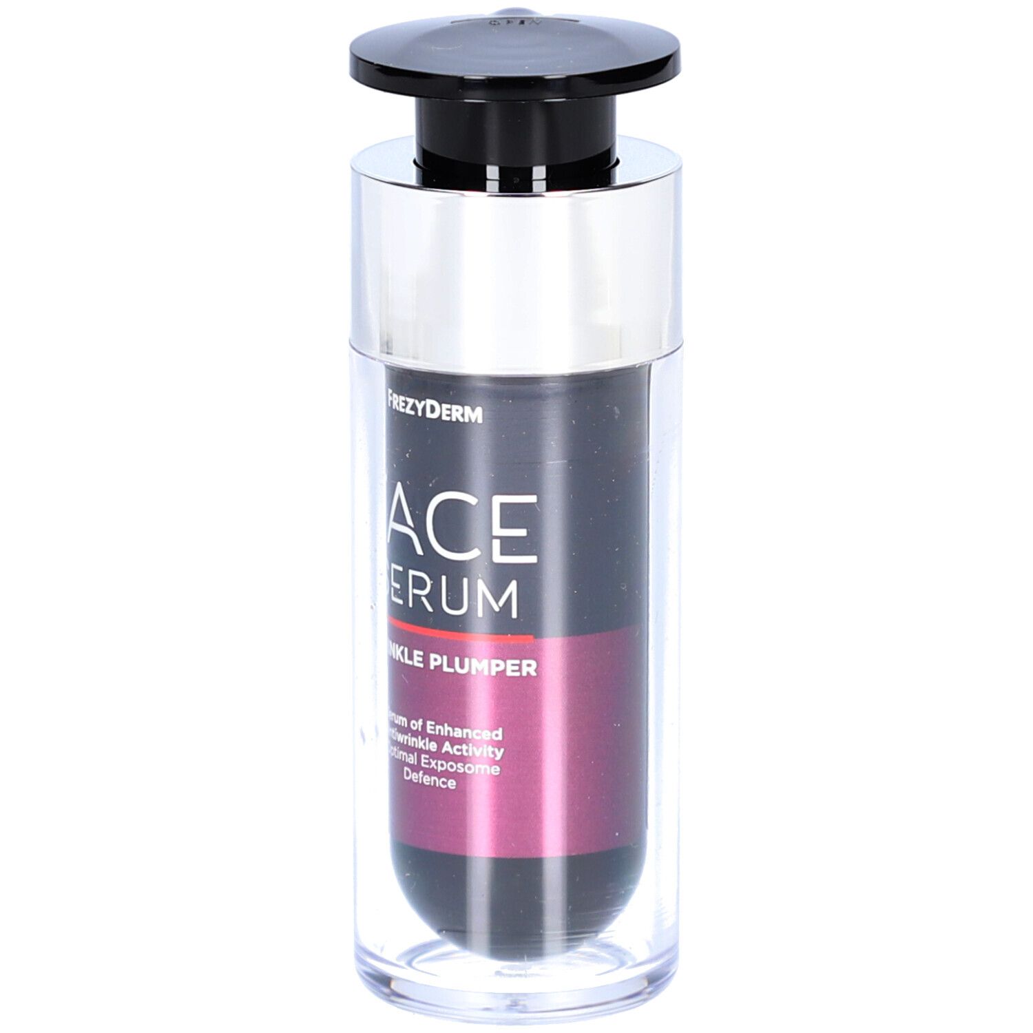 Serumflasche mit schwarzem Pumpkopf und silbernem Kragen. Aufschrift: FACE SERUM WRINKLE PLUMPER. Farbverlauf von Schwarz zu Pink.