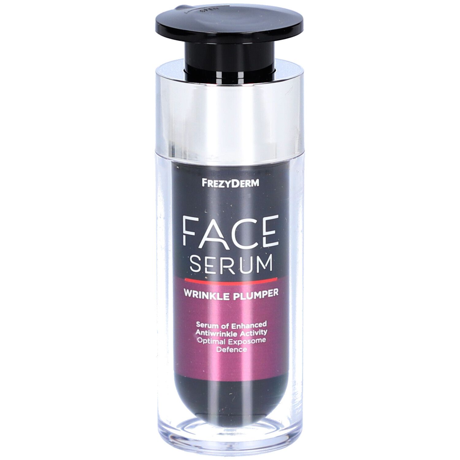 Serumflasche mit schwarzem Pumpkopf und silbernem Kragen. Aufschrift: FACE SERUM WRINKLE PLUMPER. Farbverlauf von Schwarz zu Pink.
