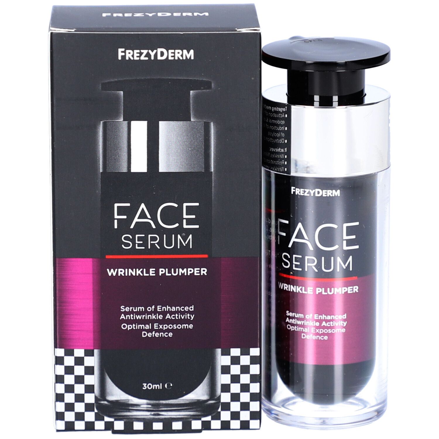 Produkt und Verpackung. Serumflasche mit schwarzem Pumpkopf und Karton. Aufschrift: FACE SERUM WRINKLE PLUMPER. 30ml.