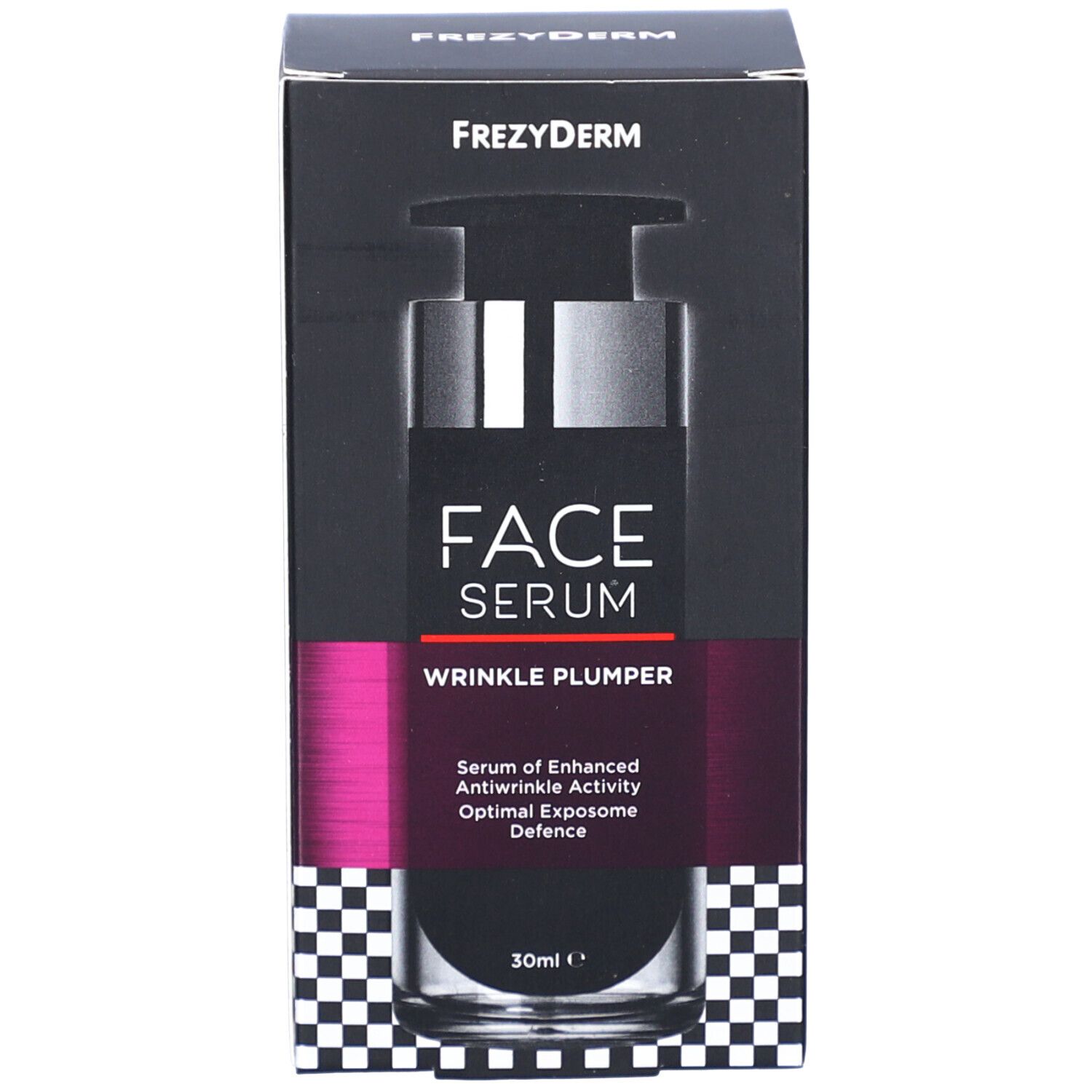 Produkt und Verpackung. Karton mit Aufschrift: FACE SERUM WRINKLE PLUMPER. 30ml. Schachbrettmuster.