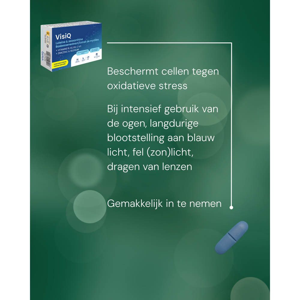 VisiQ-verpakking. Bevat luteïne, zeaxanthine, vitaminen en mineralen. 30 tabletten. Blauwe en witte doos.