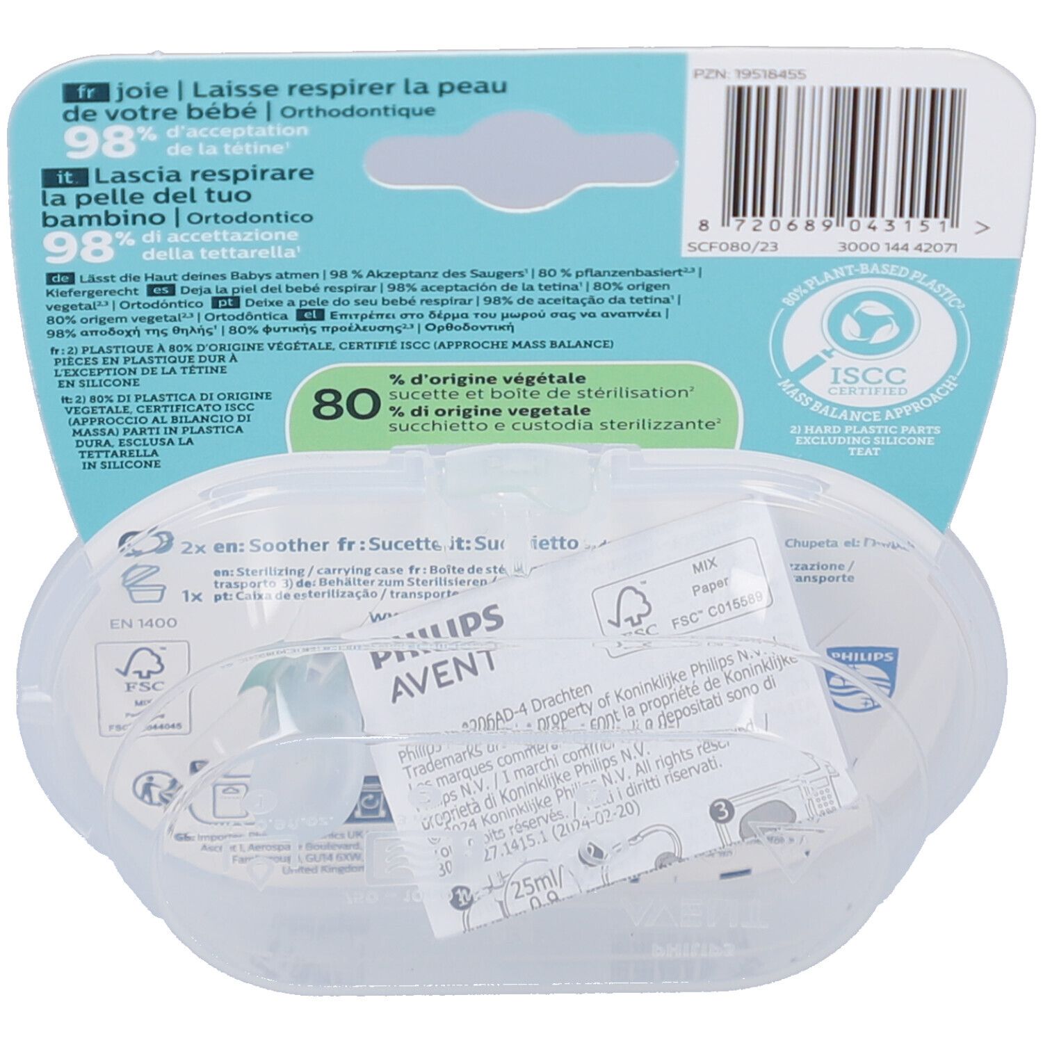 Rückseite der Verpackung mit Produktinformationen. Transparente Hülle mit zwei Schnullern. Text: Philips Avent, 80% pflanzenbasiert.