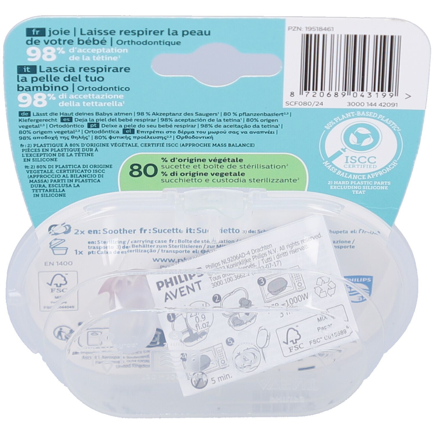 Rückseite der Verpackung mit Produktinformationen. Transparente Hülle mit zwei Schnullern und Anweisungen.