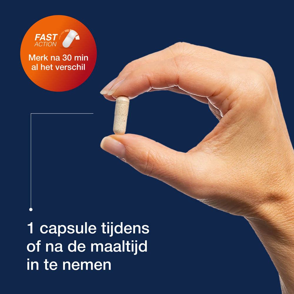 Hand met capsule. Tekst: Innemen tijdens of na de maaltijd. Oranje cirkel.