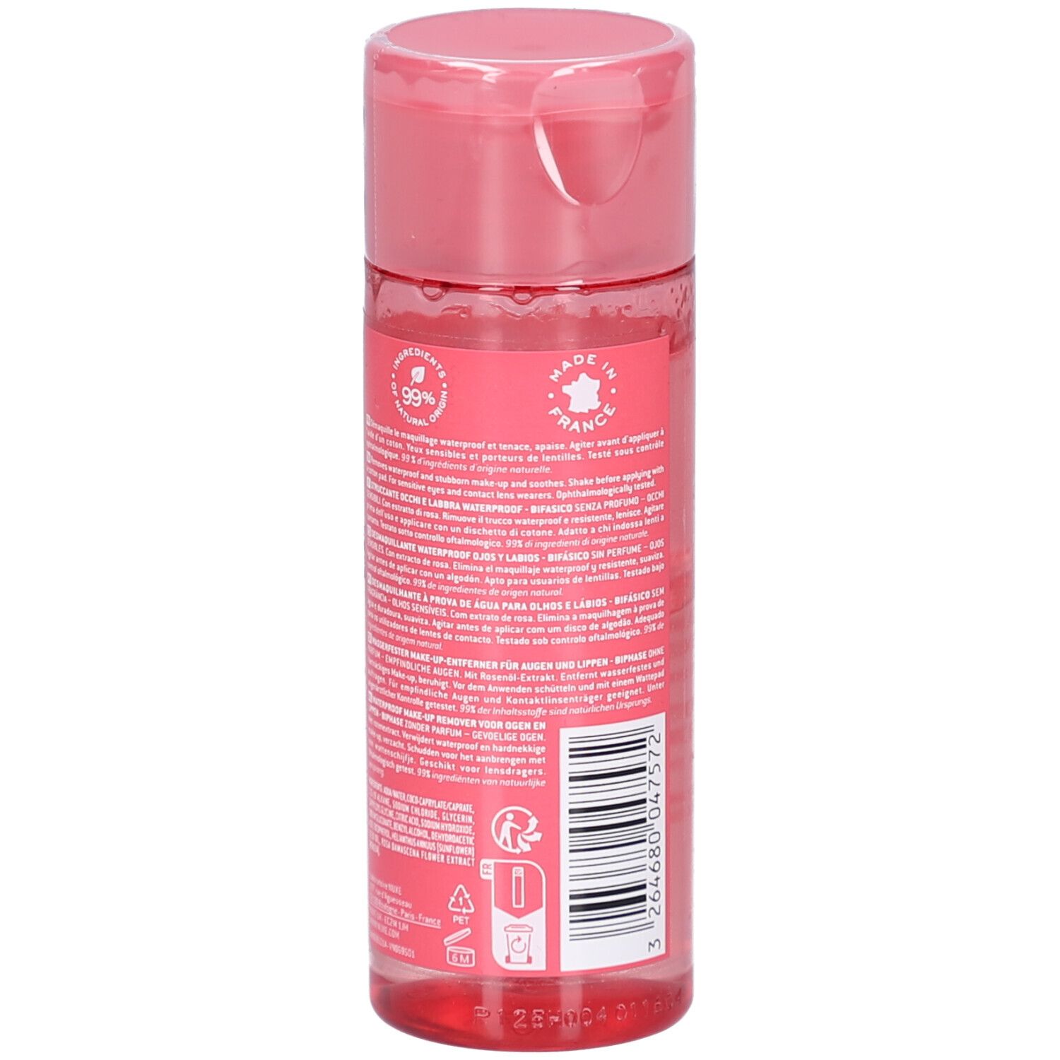 Transparente Flasche mit rosa Flüssigkeit. Aufschrift: NUXE, Very rose, Biphasé. Text und Logos auf der Rückseite.