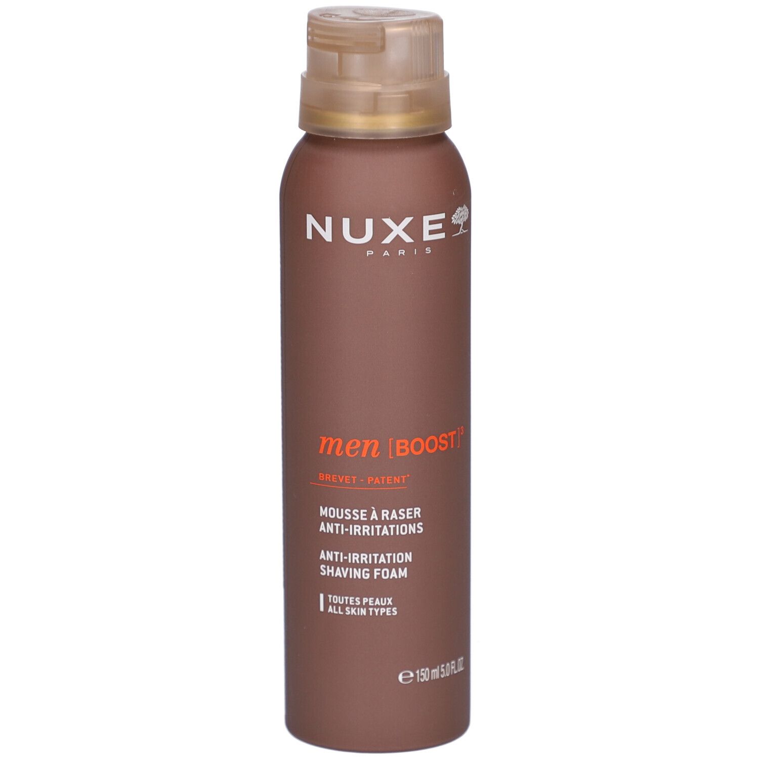 Braune Dose mit Sprühkopf. Aufschrift: NUXE, men [BOOST], Mousse à raser, Anti-Irritations, 150 ml.