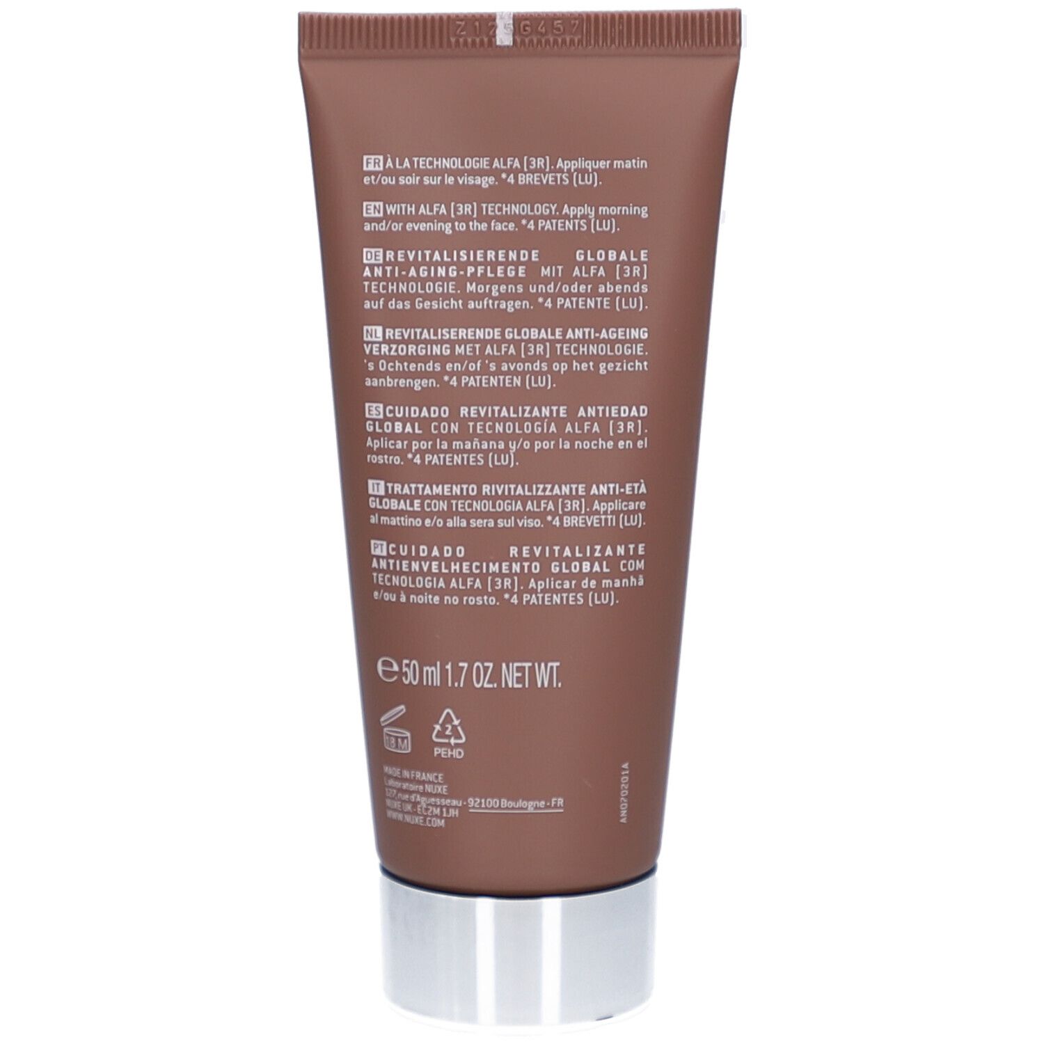 Rückseite der Nuxe Men Boost Tube mit Anwendungshinweisen und Inhaltsstoffen.