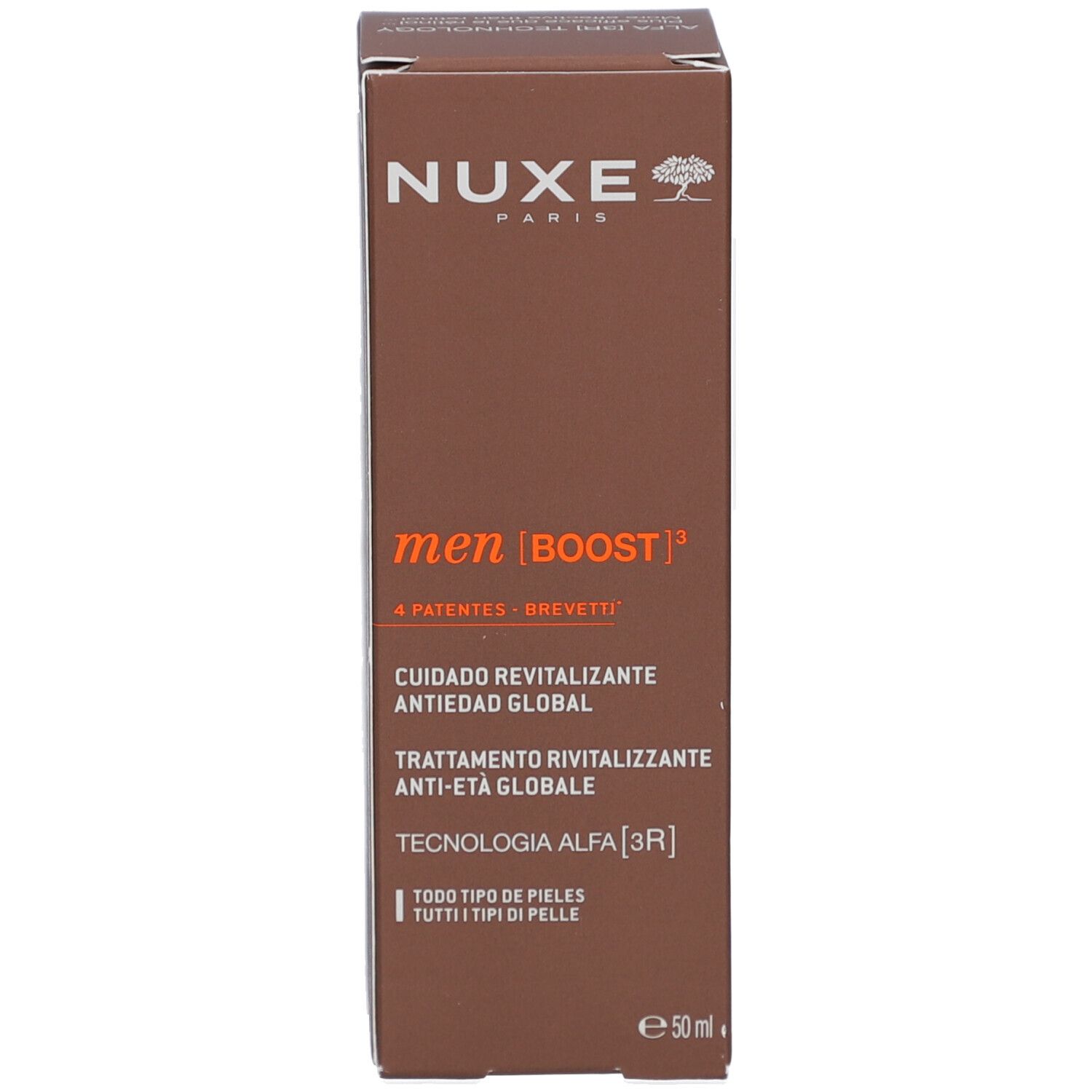Nuxe Men Boost Faltschachtel mit Produktinformationen und Barcode.