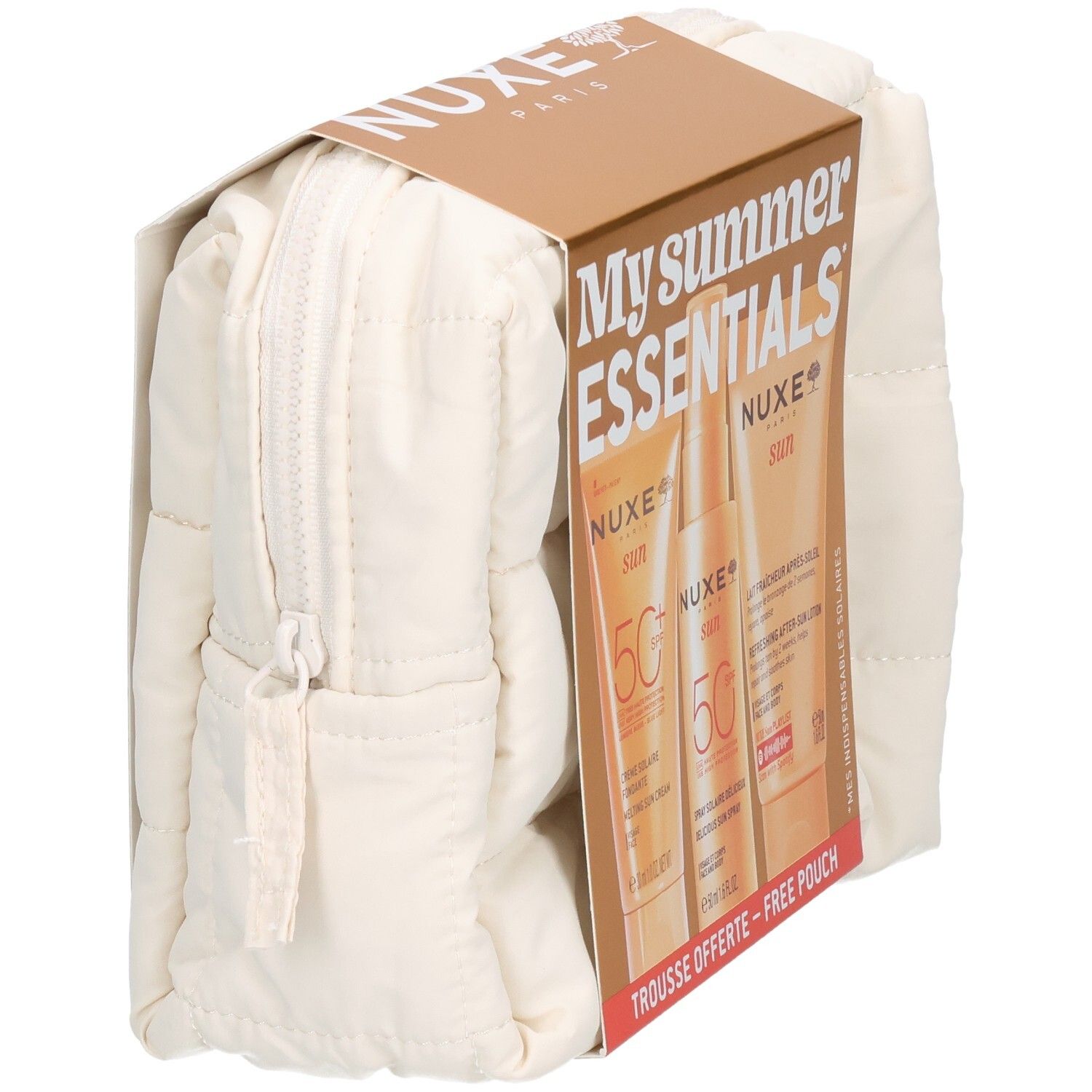 Nuxe Sommer-Essentials Set mit Sonnencreme, Sonnenspray und After-Sun-Lotion in einer Kosmetiktasche.